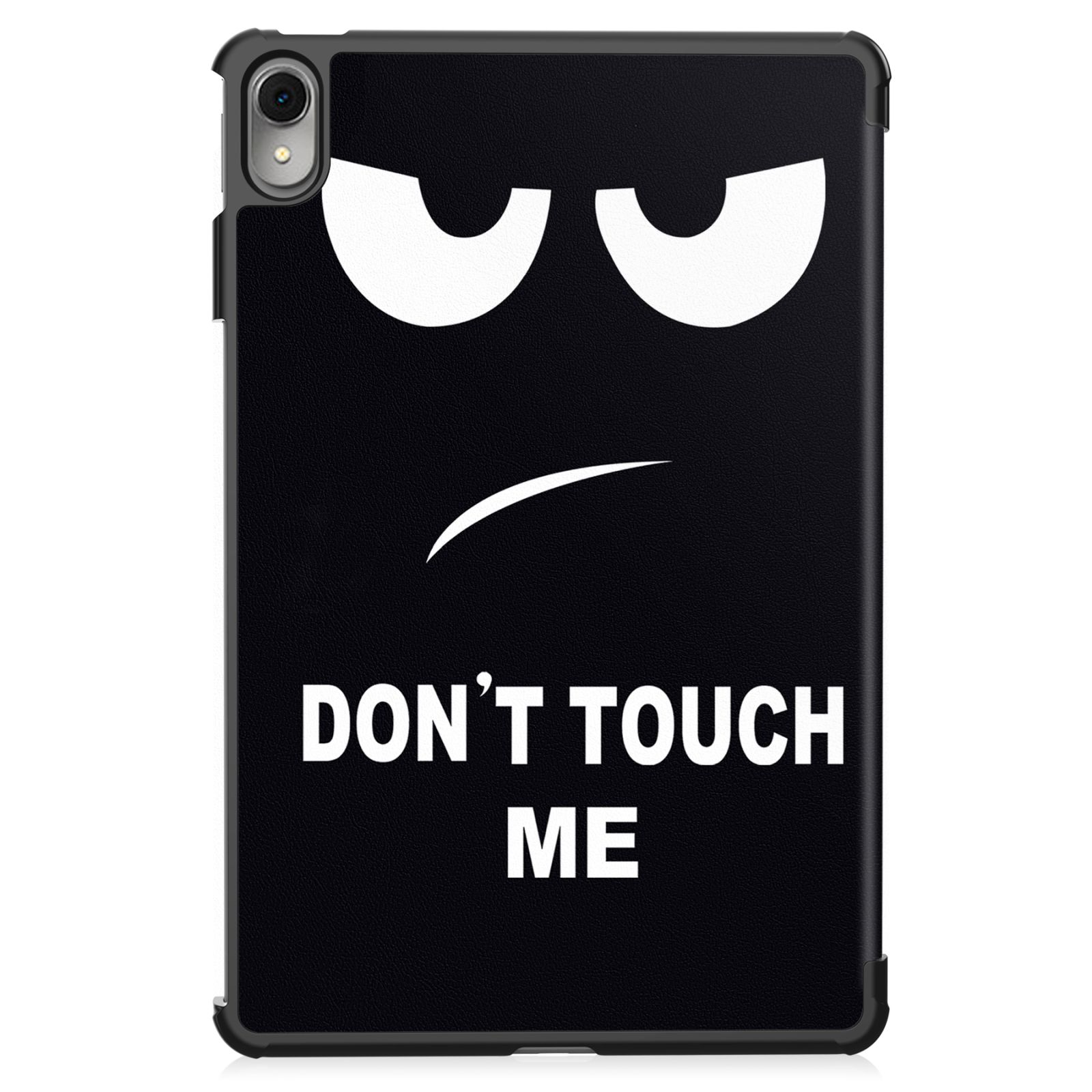 Schwarze Tablethülle mit Gesichts-Grafik und den Worten: DON'T TOUCH ME. Weißer Hintergrund.