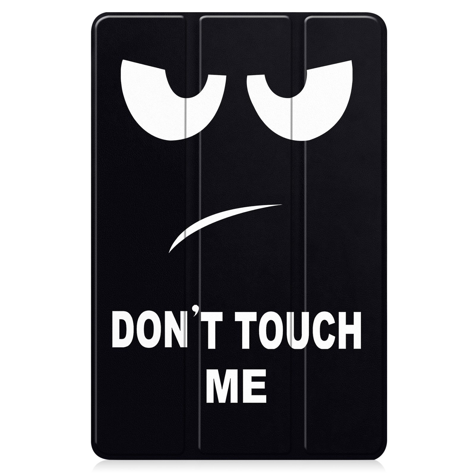 Schwarze Tablethülle mit einem Gesichts-Grafik, die „DON'T TOUCH ME“ sagt.