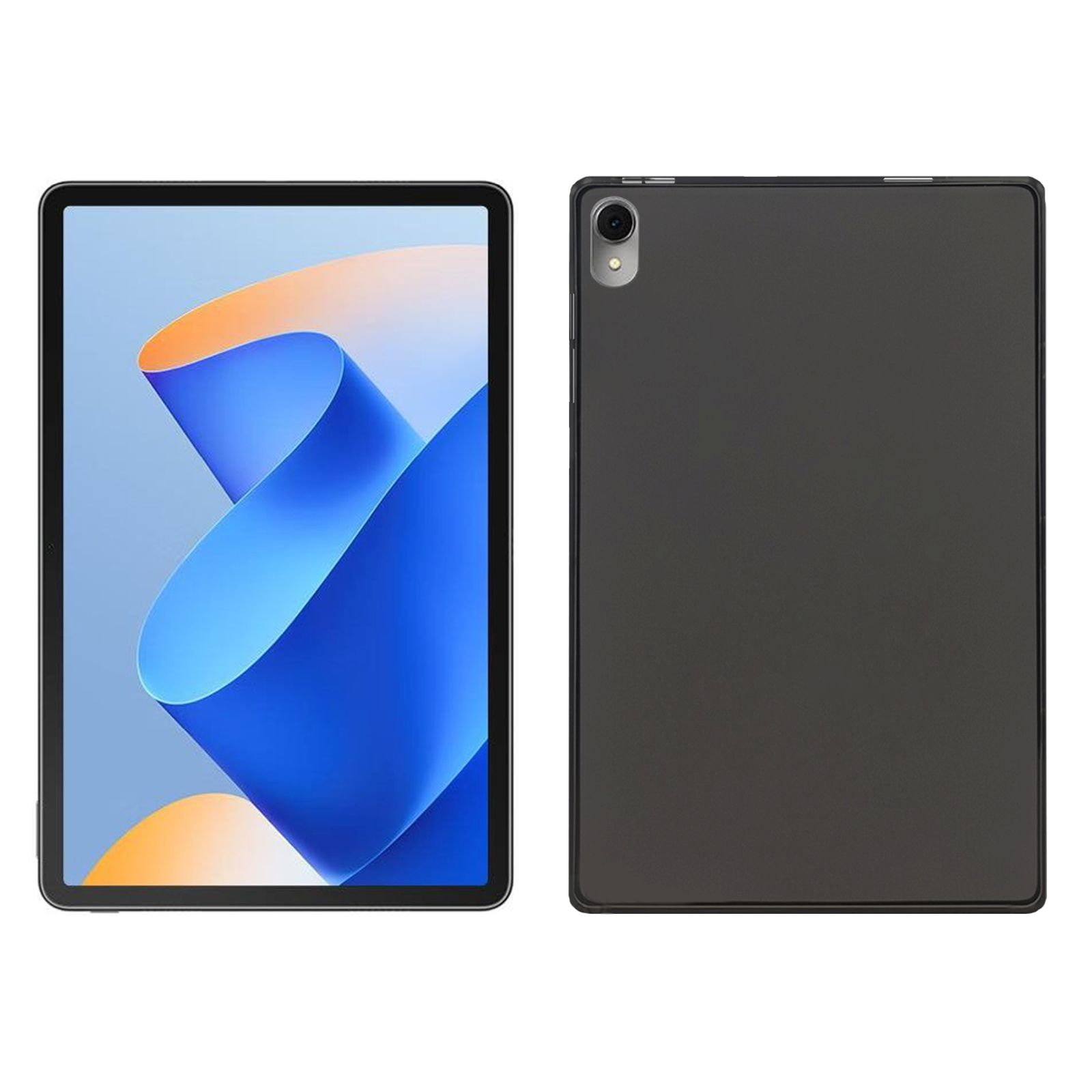 Ein Tablet mit Vorder- und Rückansicht. Eins mit blauem und orangefarbenem Design.
