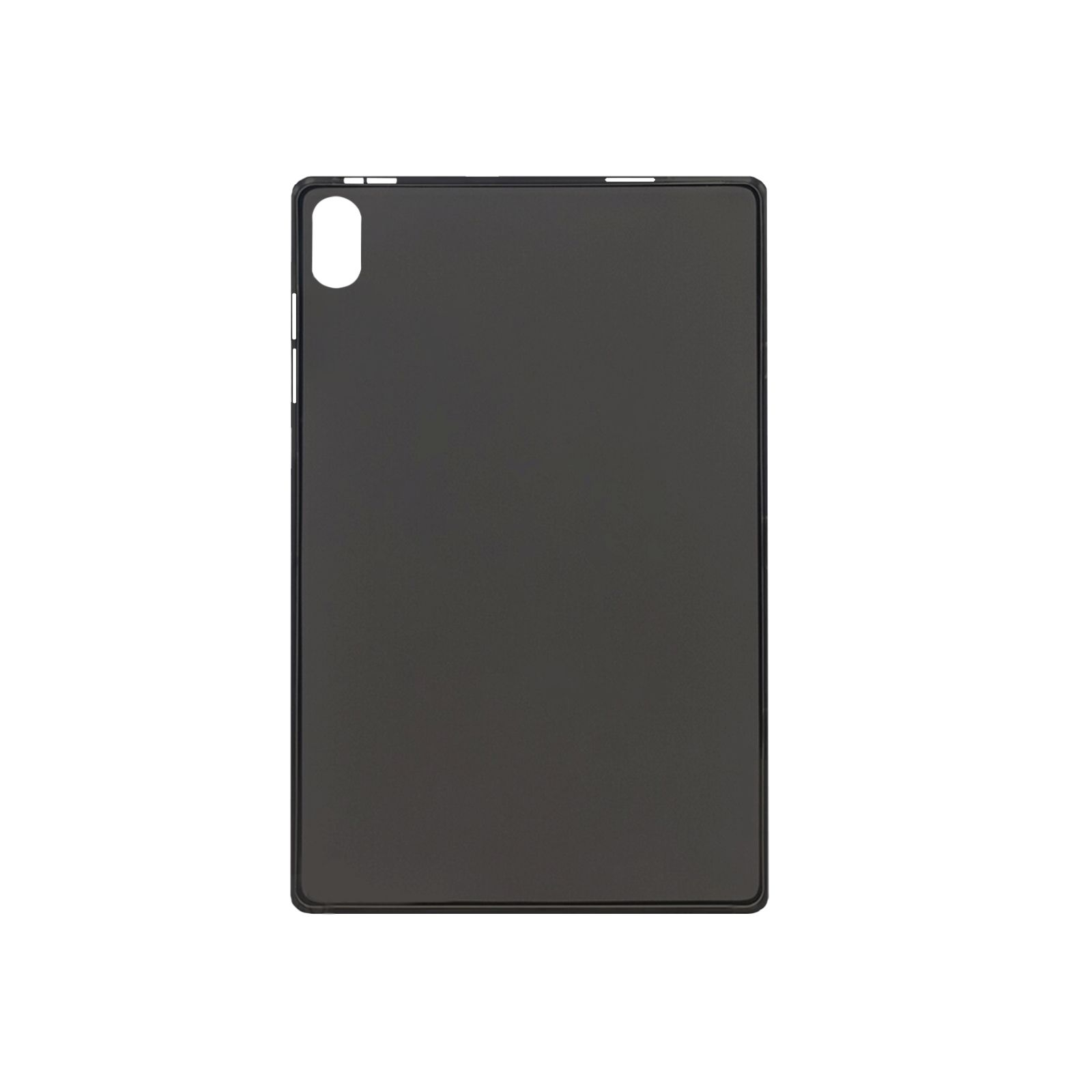 Eine schwarze Tablethülle auf weißem Hintergrund. Die Hülle ist offen und zeigt die Rückseite.