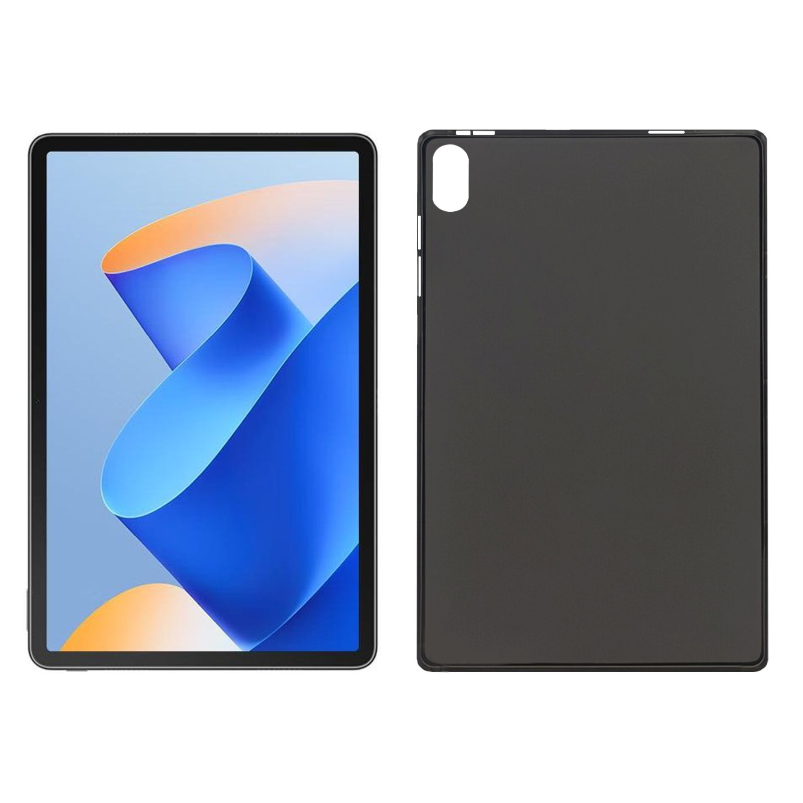 Tablet mit blauem und orangefarbenem abstraktem Design auf dem Bildschirm, in schwarzem Gehäuse.