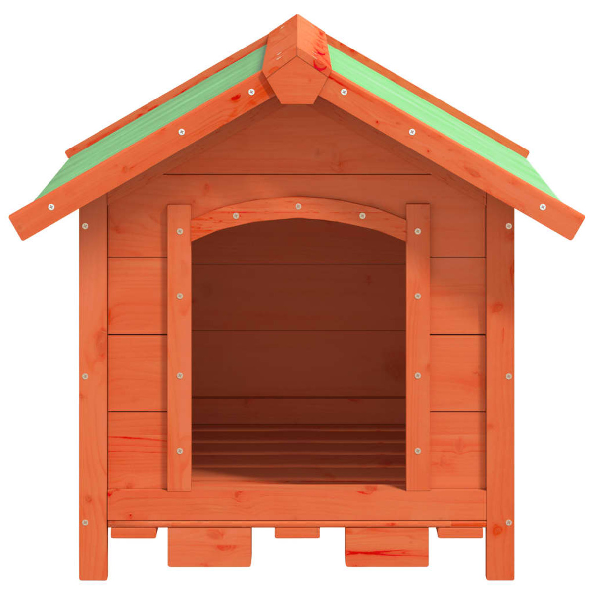 Ein Hundehäuschen aus orangefarbenem Holz mit grünem Dach. Es hat eine Vordertür und ein überhängendes Dach.