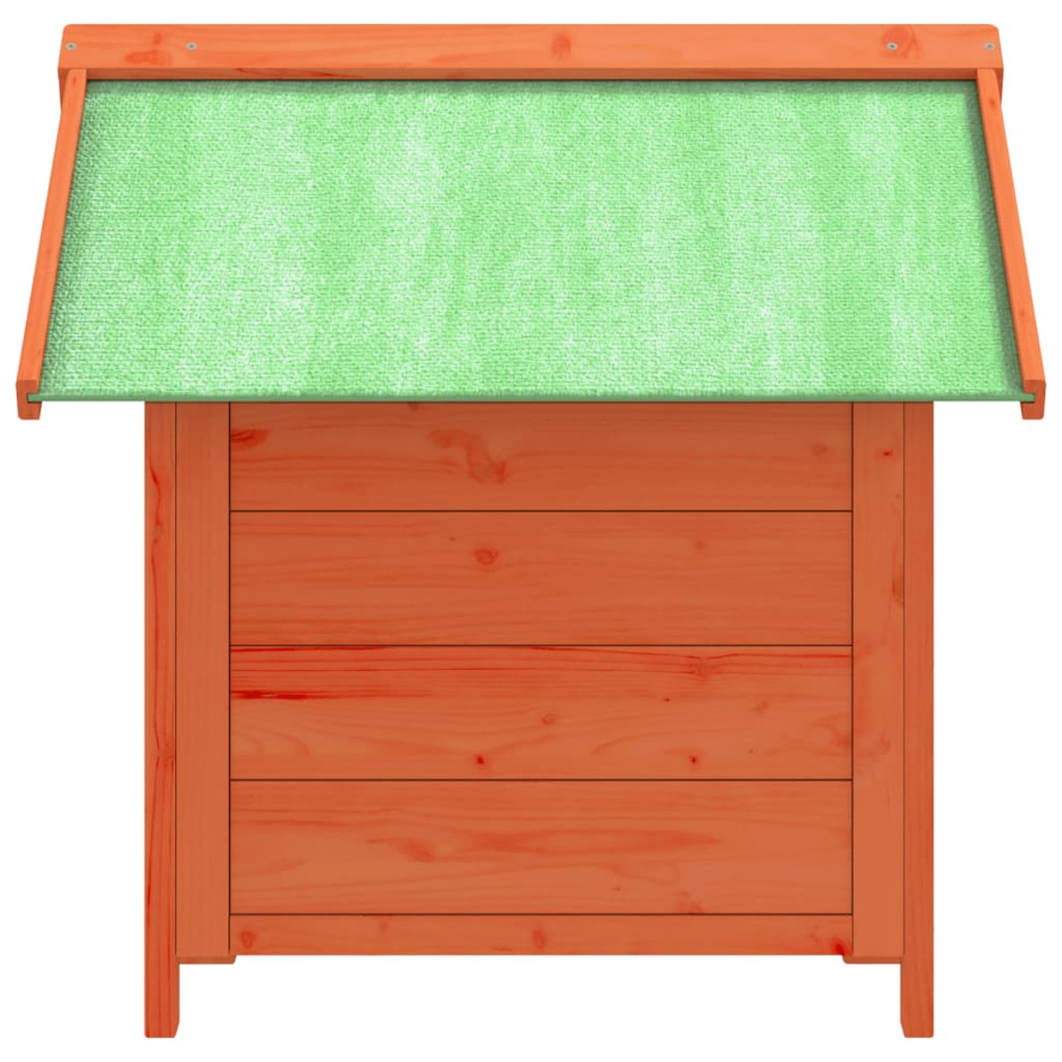 Hundehaus aus Holz, orange mit grünem Dach, weißer Hintergrund.