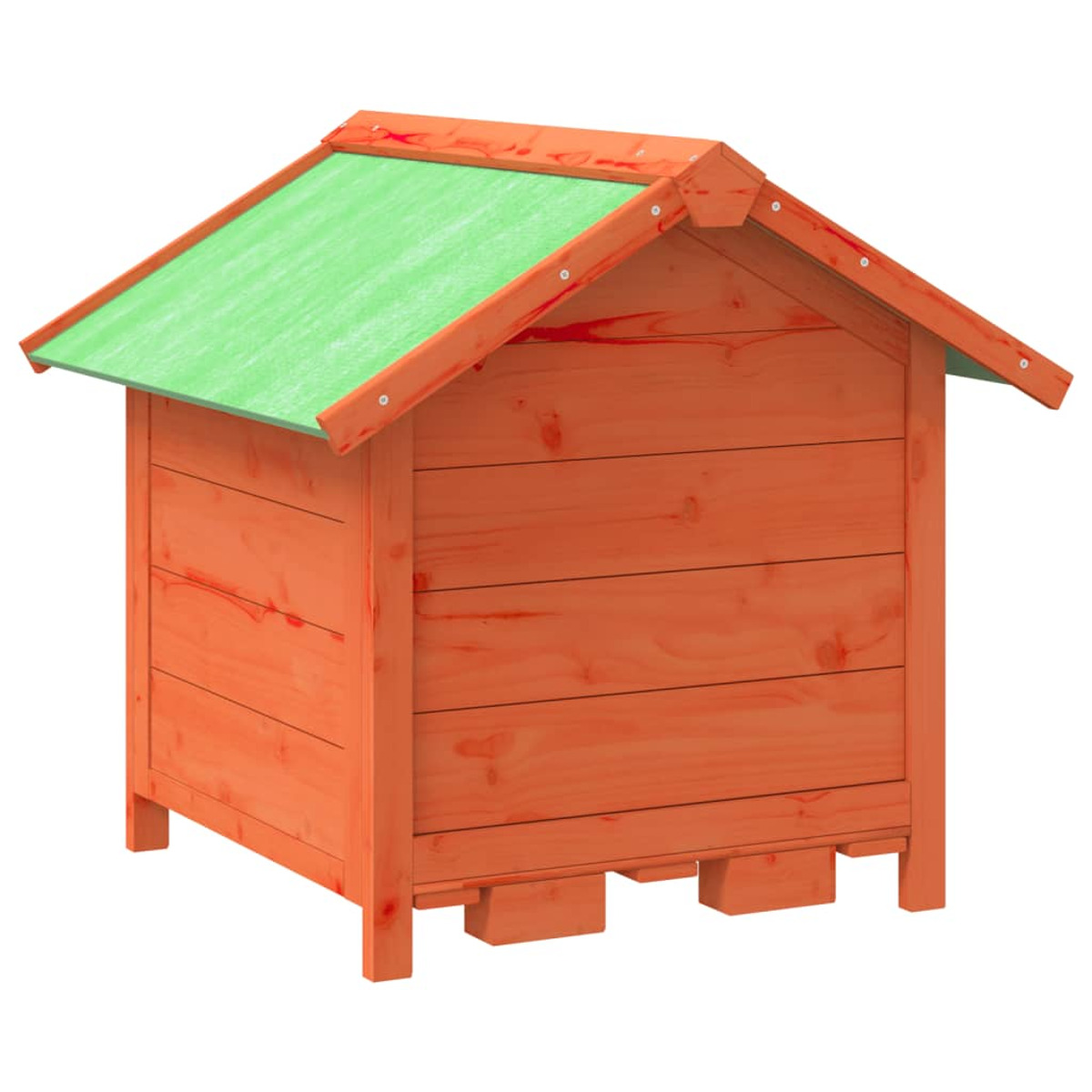 Ein orangefarbenes Hundehäuschen mit grünem Dach, isoliert auf weißem Hintergrund.