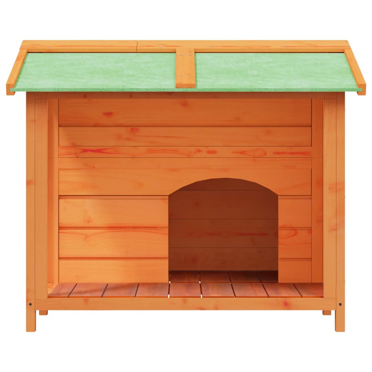 Hundehütte aus Holz mit orangen Wänden und grünem Dach. Die Tür ist eine Bogenöffnung.