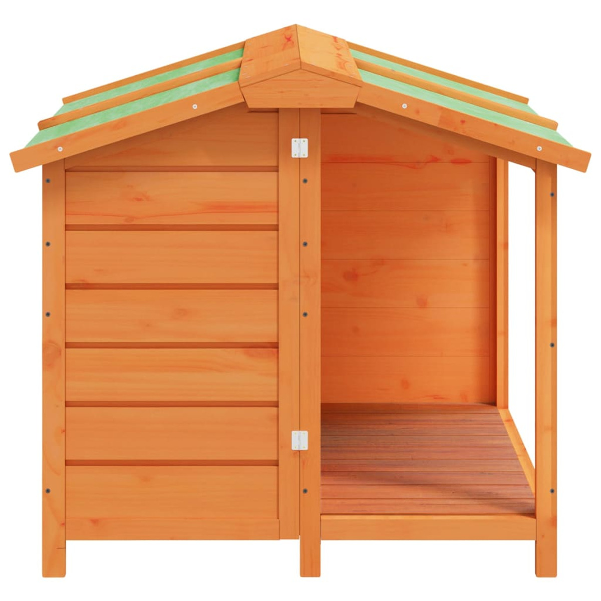Hundehütte aus Holz mit orangefarbener Farbe und grünem Dach. Die Seite zeigt Holzpaneele und ist offen.