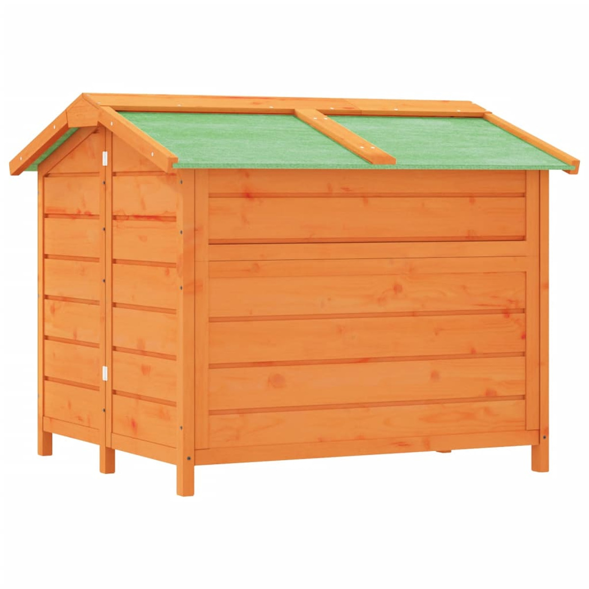 Ein kleines Holzhaus mit einem orangefarbenen Körper und einem grünen Dach. Es hat eine einfache rechteckige Form.