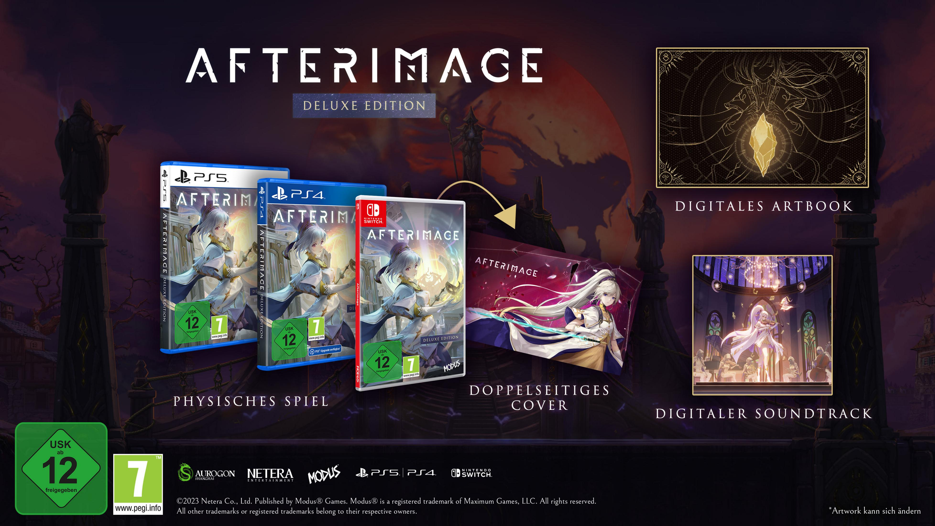 Grafika pudełka gry Afterimage Deluxe Edition. Zawiera pudełka z grami, artbook i ścieżkę dźwiękową.