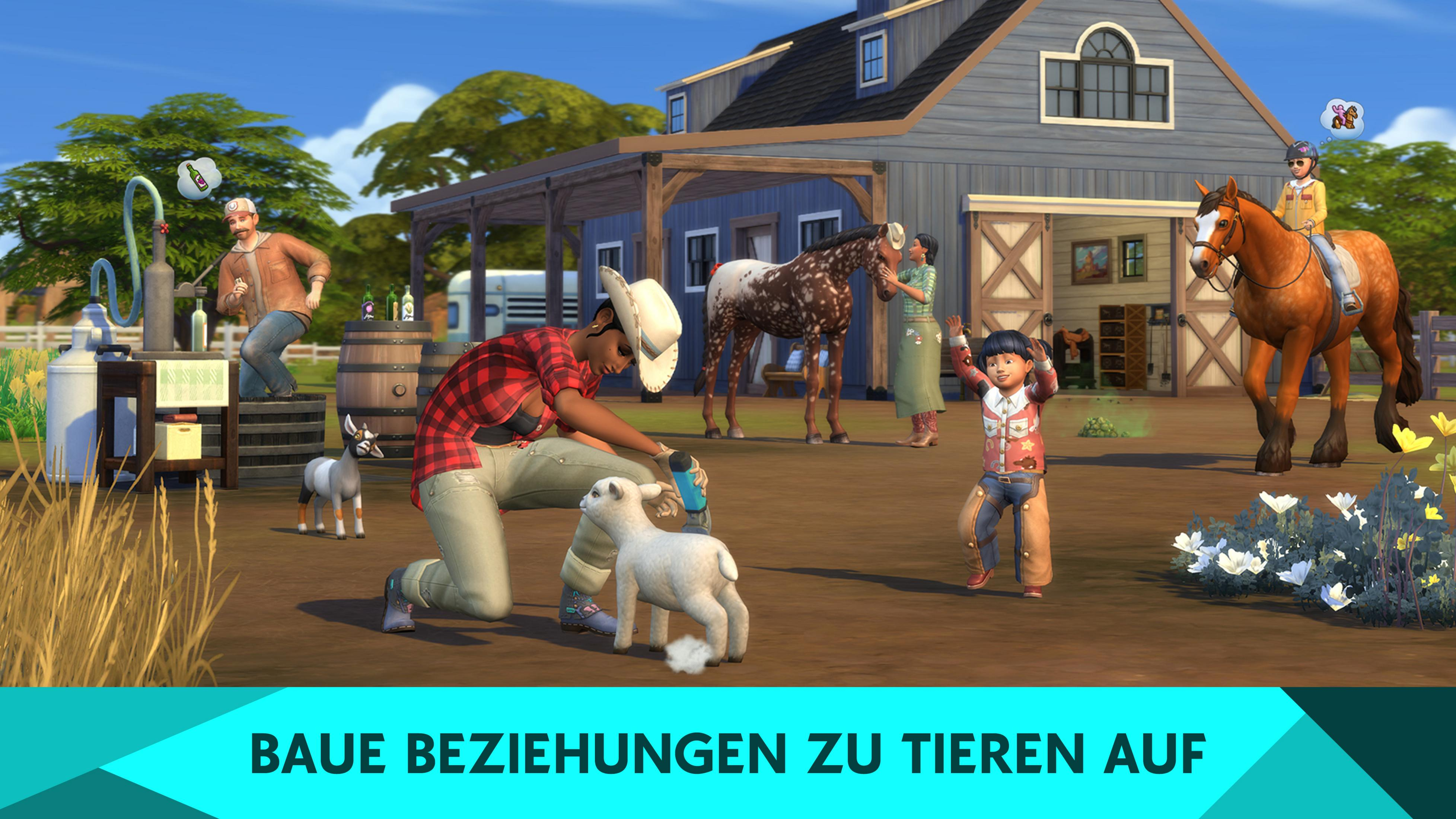 Eine Sims-Spielszene: Menschen interagieren mit Tieren auf einem Bauernhof, mit einem Haus im Hintergrund.
