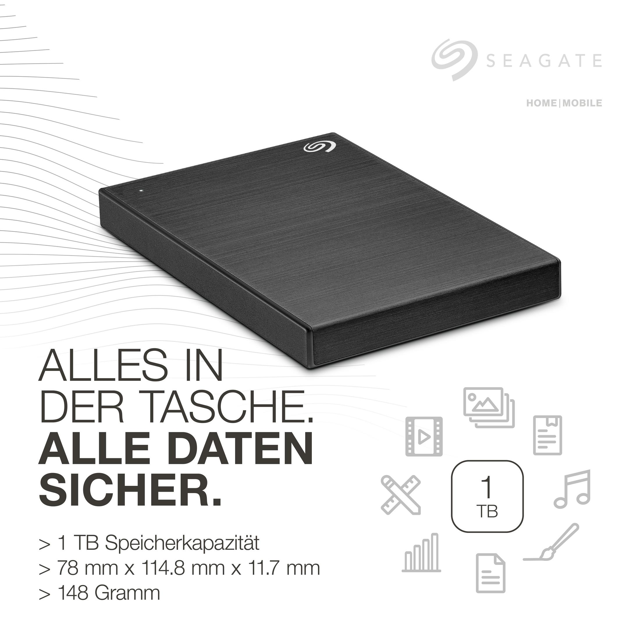 Czarny zewnętrzny dysk twardy Seagate. Dysk znajduje się na białej powierzchni.