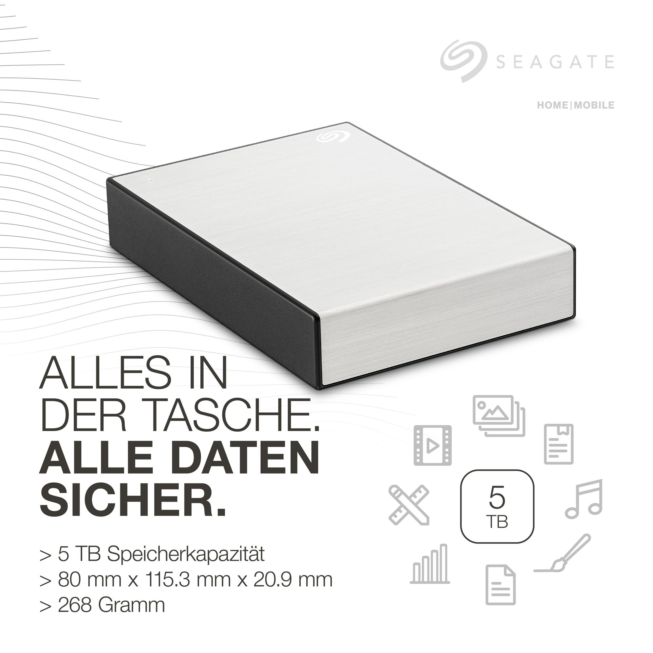 Zewnętrzny dysk twardy Seagate. Tekst: 5 TB pamięci, wymiary i waga.