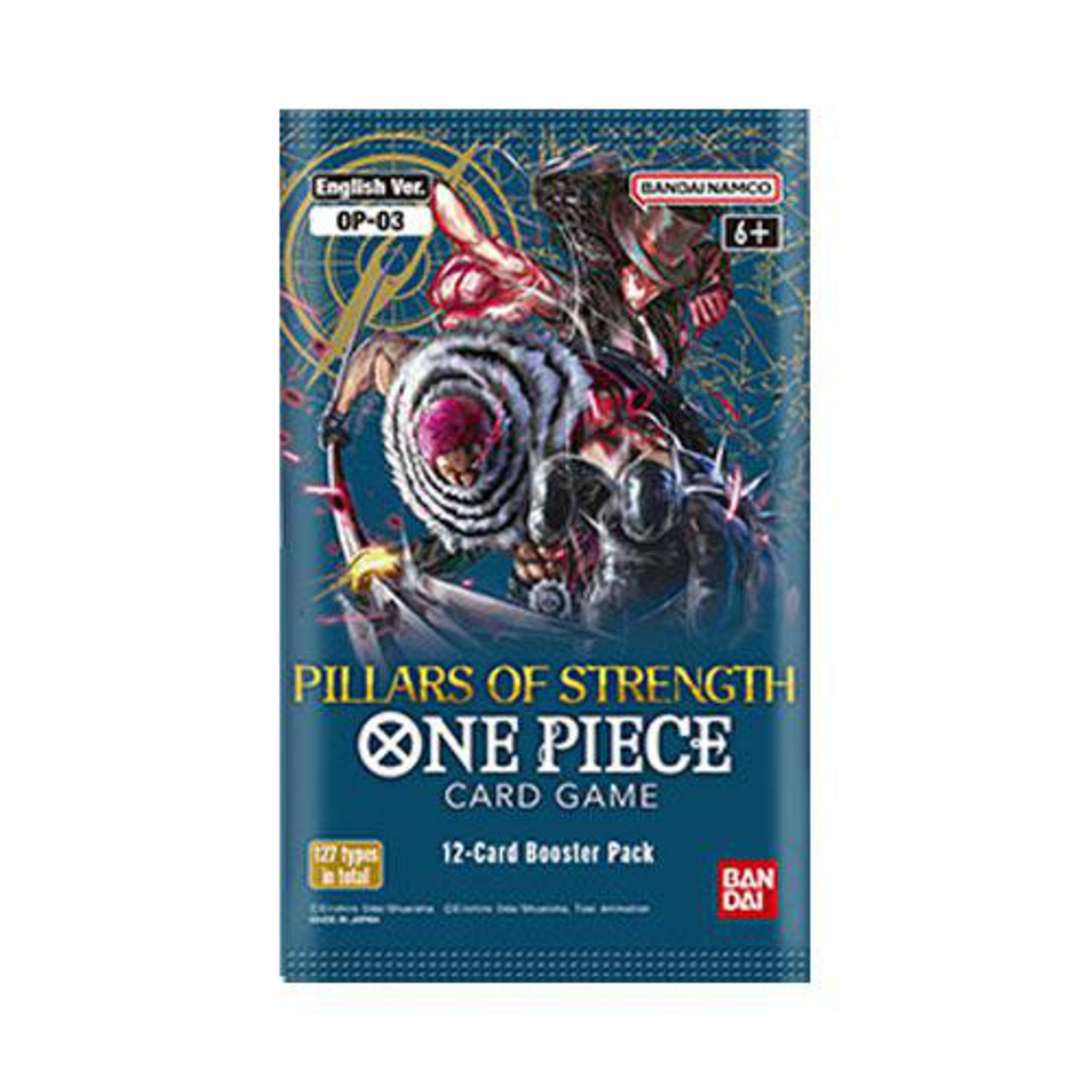 One Piece Kartenpackung, betitelt 'Pillars of Strength', mit Charakterbildern.
