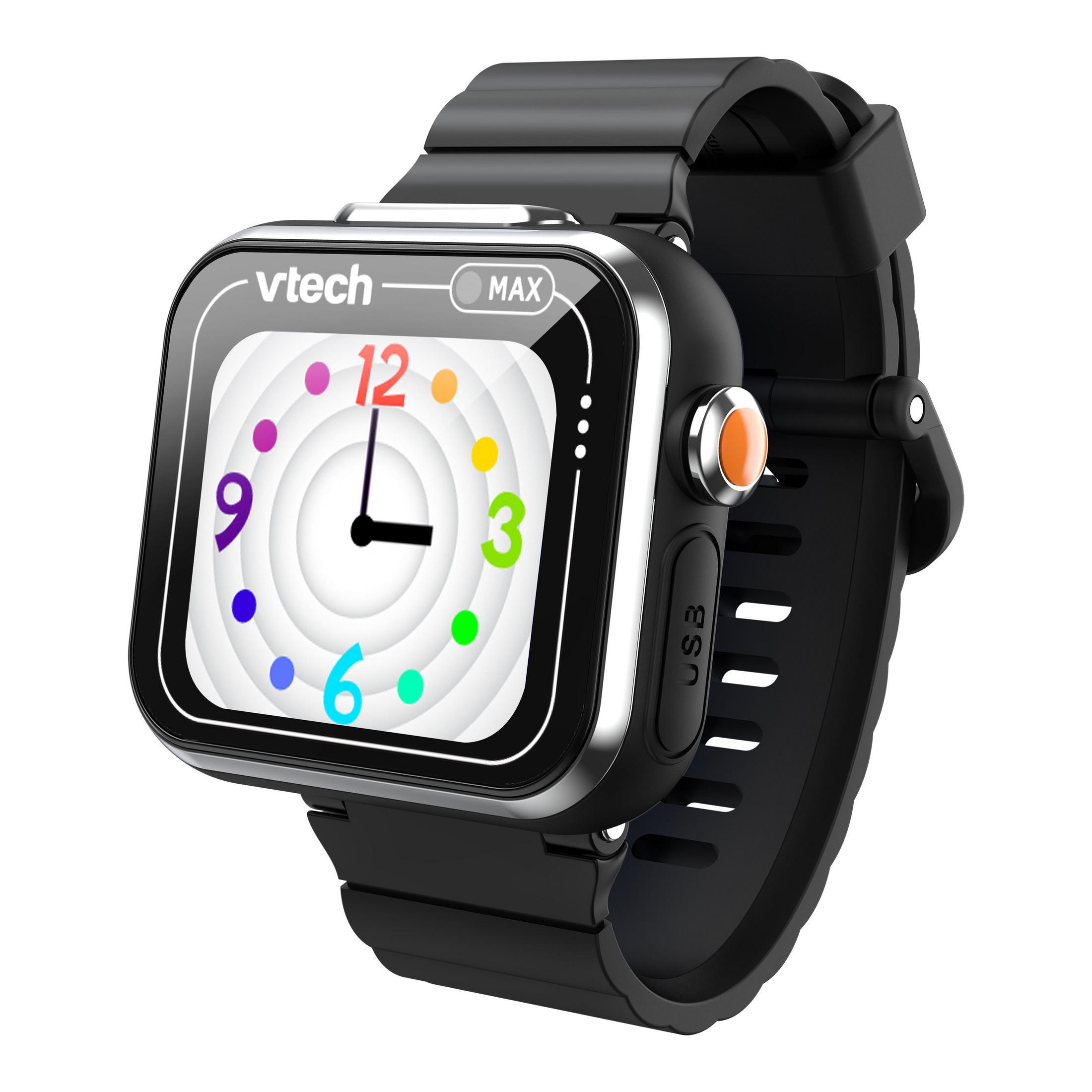 Eine schwarze VTech Smartwatch mit buntem Zifferblatt und orangefarbenem Knopf.