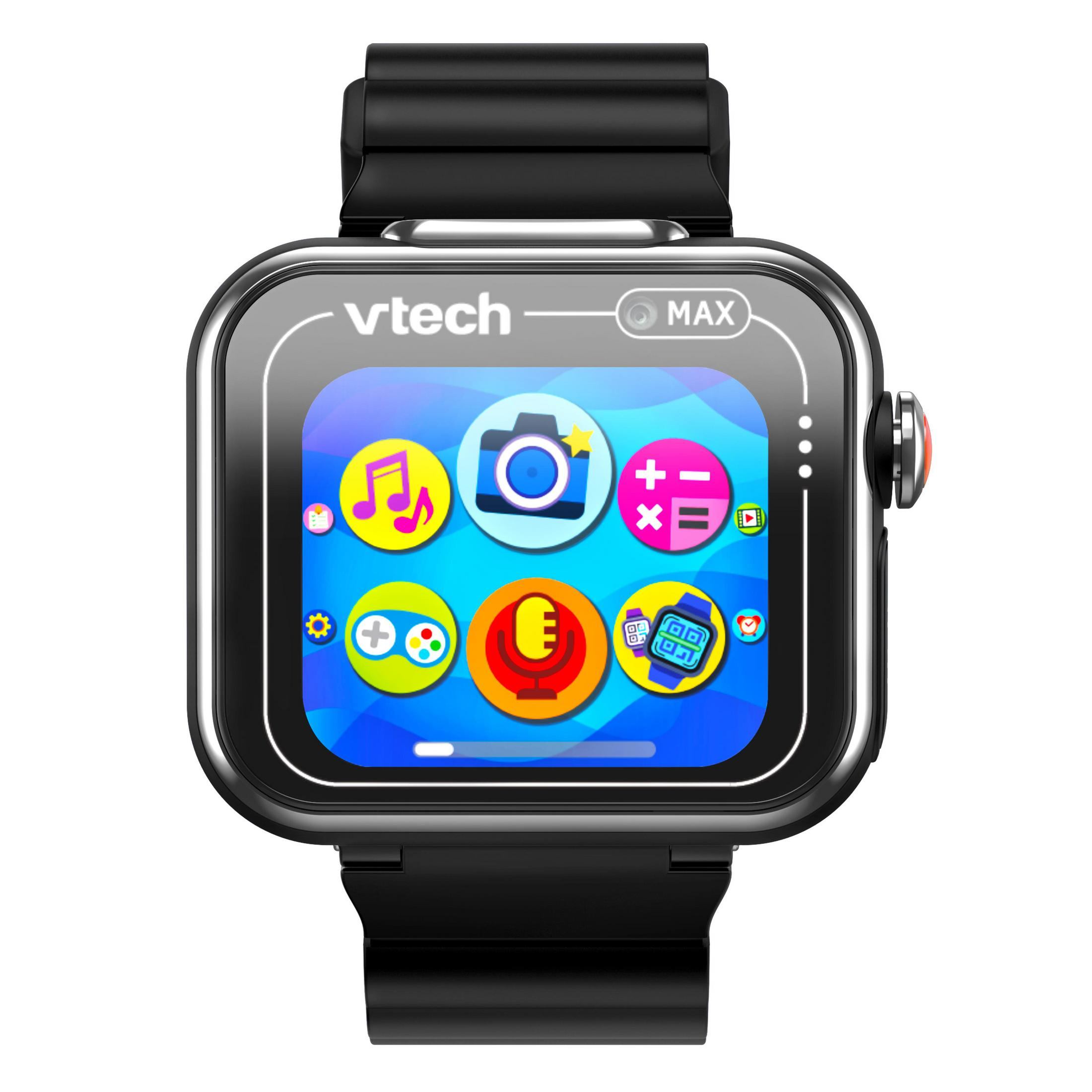 Ein schwarzes Vtech Kinder-Smartwatch mit bunten App-Symbolen auf dem Display.