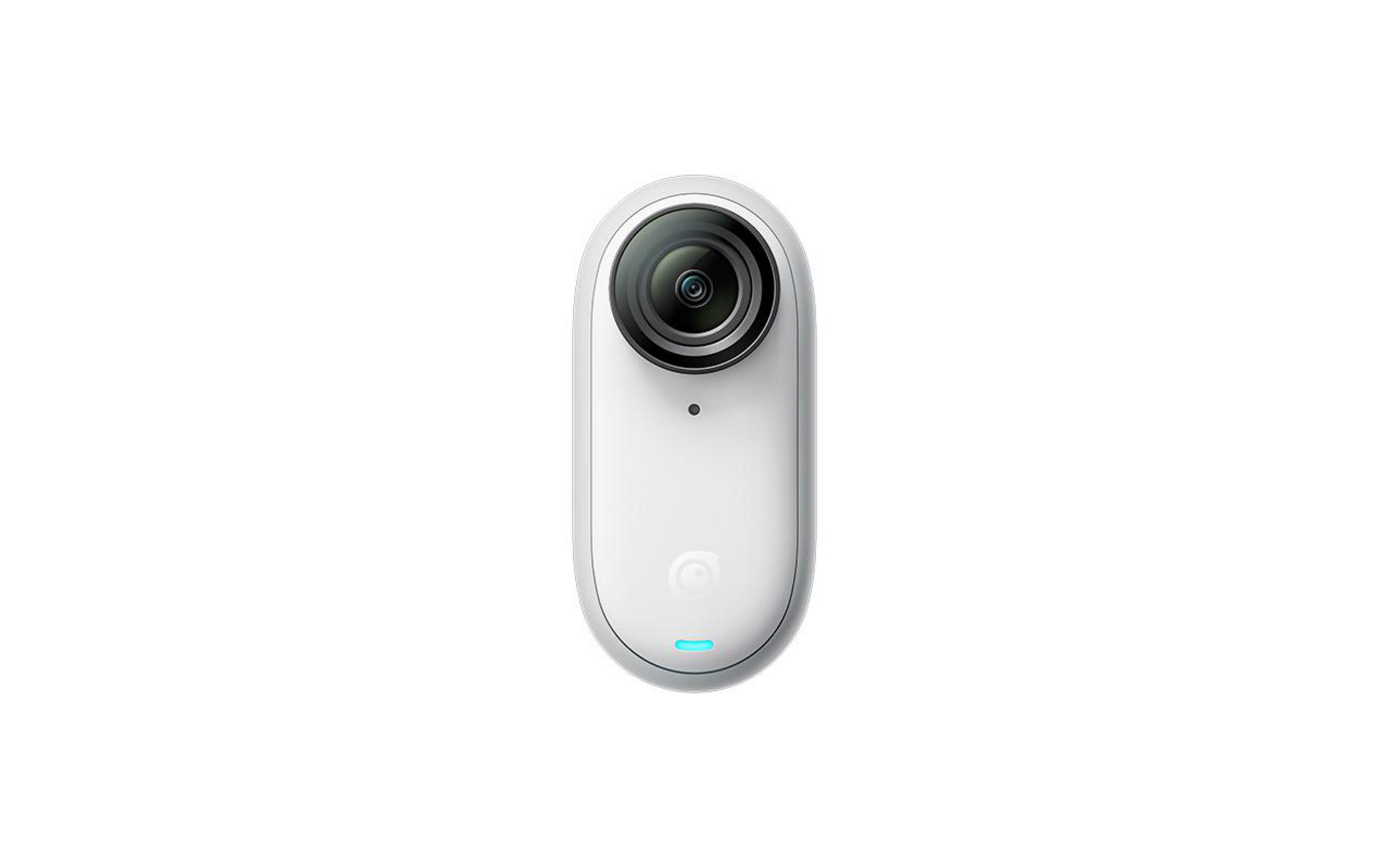 White action camera with a lens and a blue light.