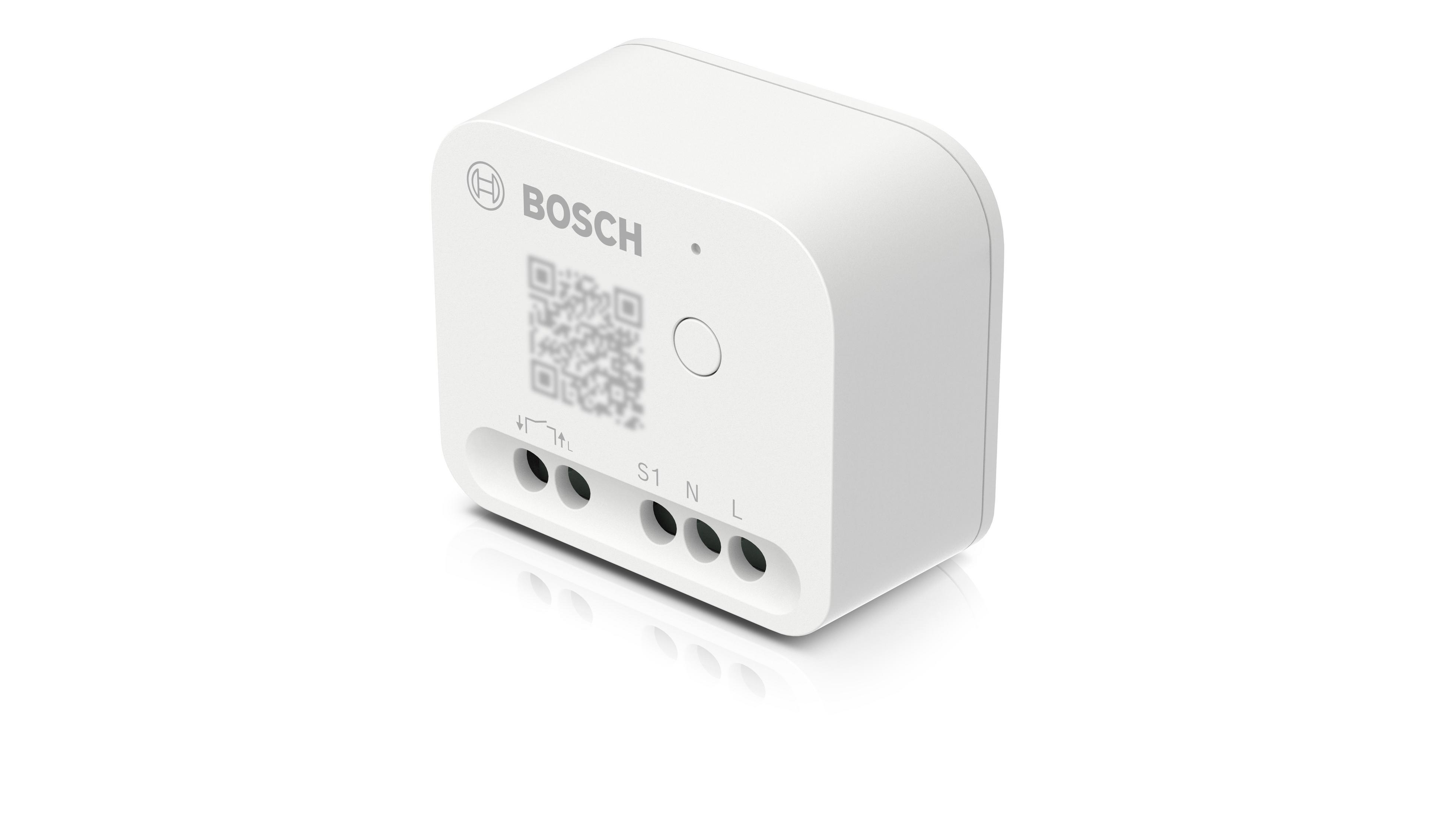 Appareil domestique intelligent Bosch blanc. Comprend un code QR, le logo Bosch et des ports de connexion.