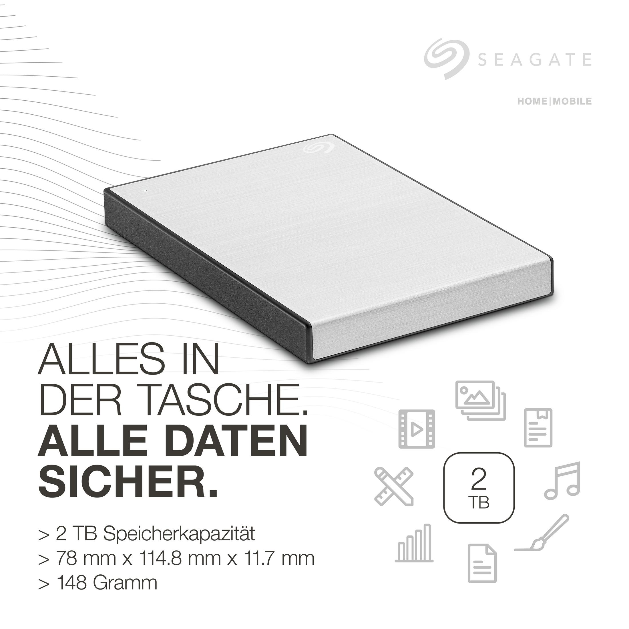 Srebrny i czarny zewnętrzny dysk twardy Seagate. Tekst brzmi '2 TB' i specyfikacje.