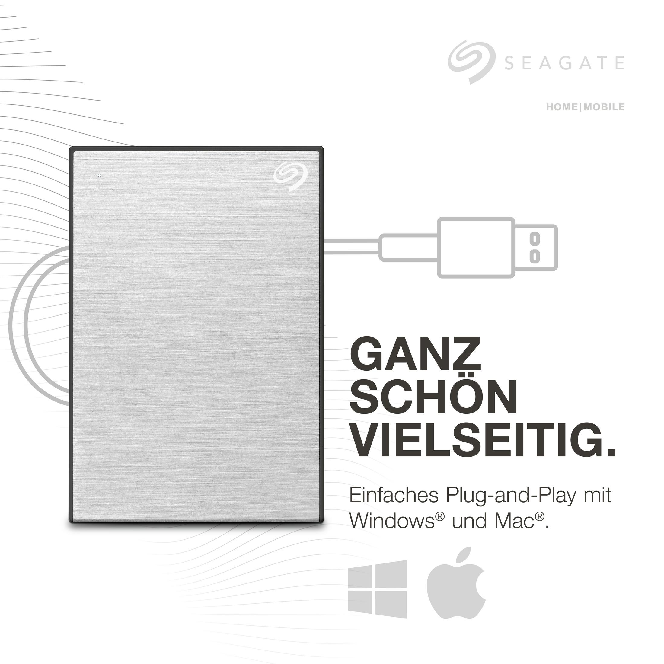 Srebrny zewnętrzny dysk twardy Seagate. Podłączony kabel USB. Obecny tekst i logo.