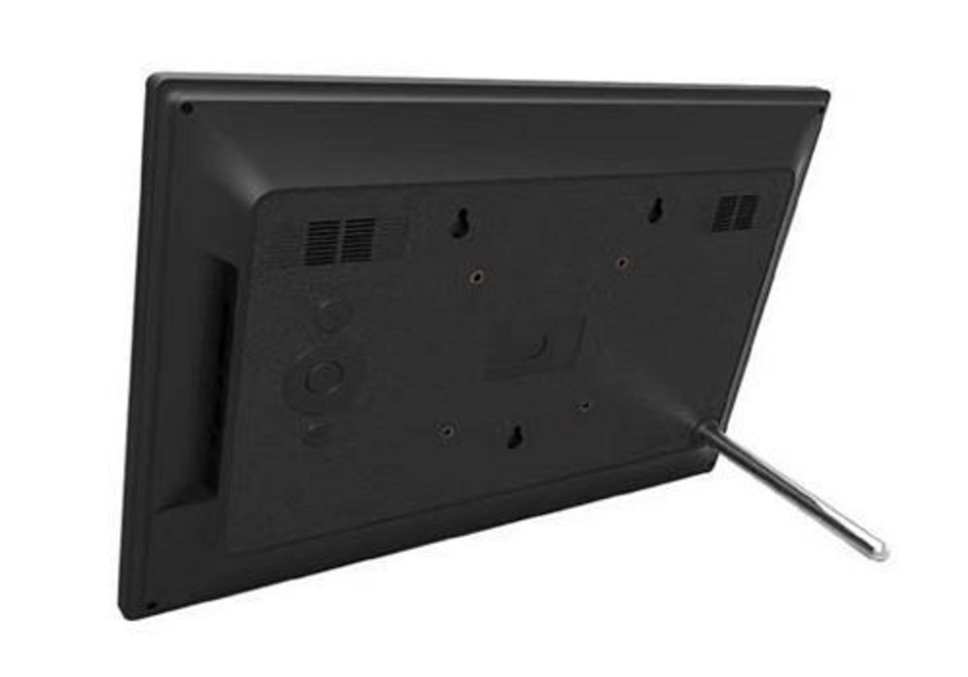 Parte trasera de un marco de fotos digital negro con un soporte y ranuras de ventilación.