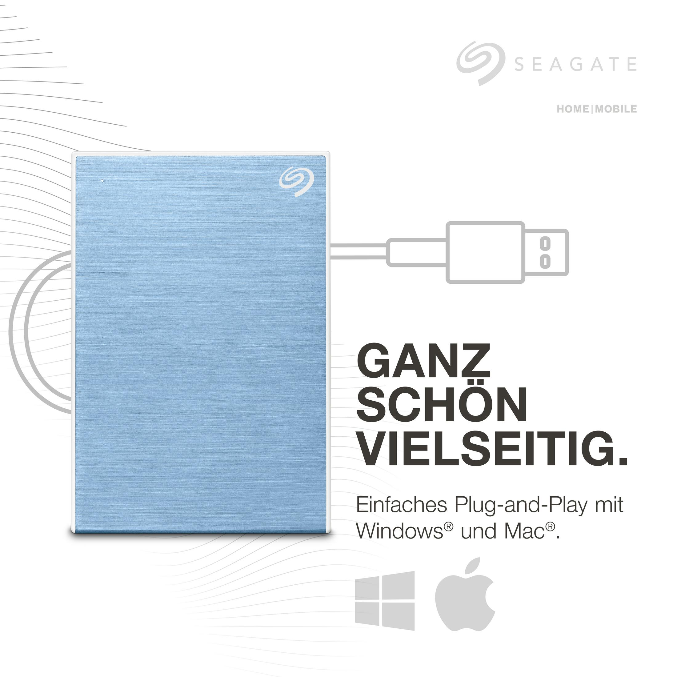 Jasnoniebieski zewnętrzny dysk twardy Seagate, kabel i tekst na białym tle. Dysk jest po lewej.