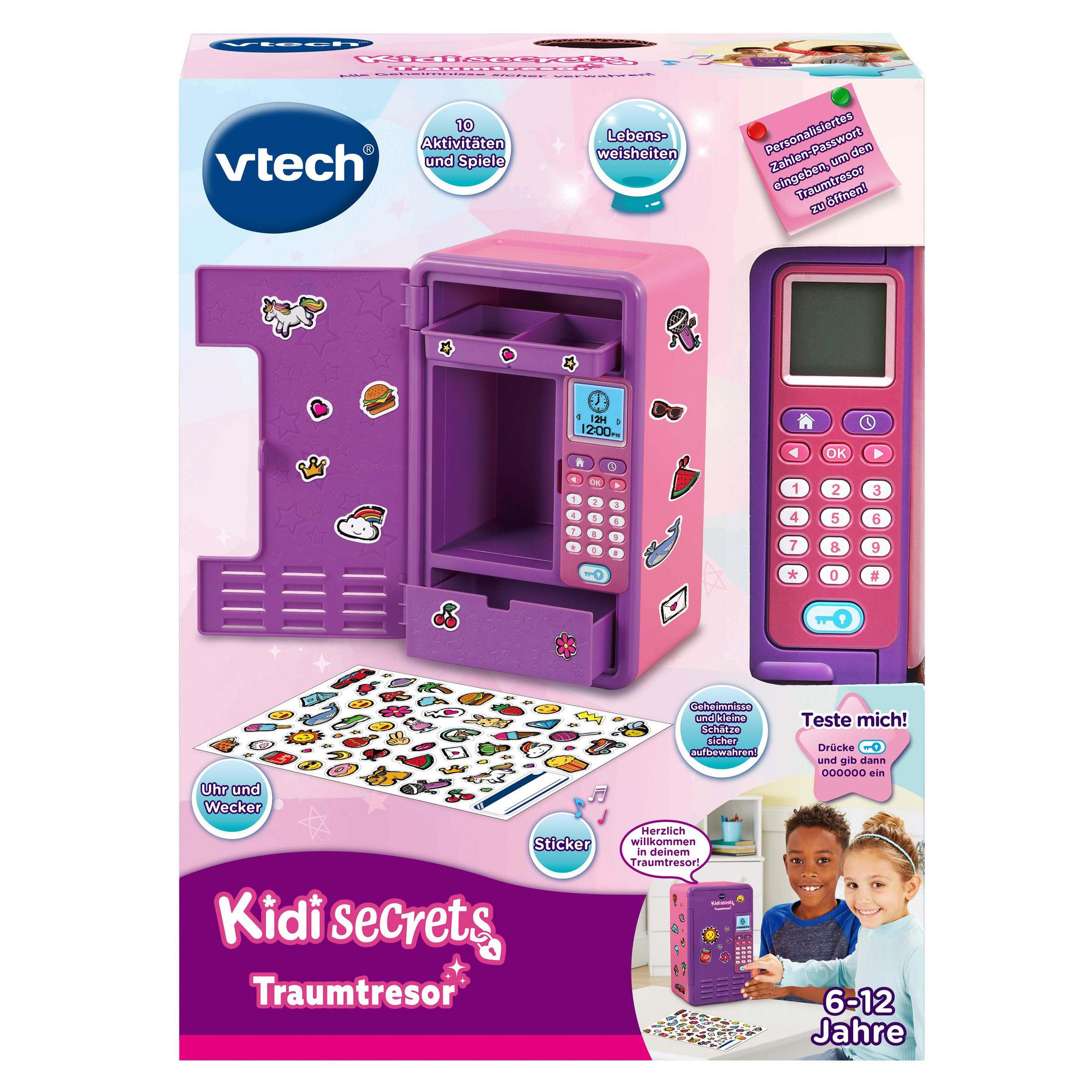 Rosa und lila Spielzeugtresor mit Tastatur. Enthält einen Aufkleberbogen und Bilder von Kindern.