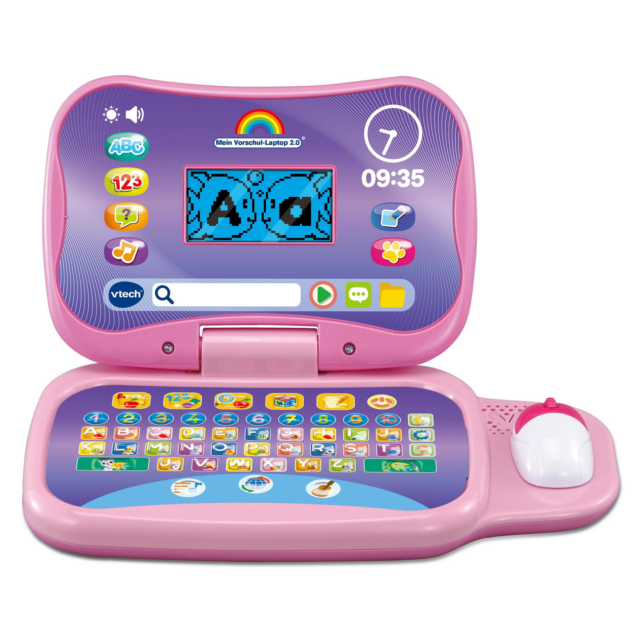 Rosa Kinderspielzeug-Laptop. Hat ABC-, 123- und Fragezeichen-Tasten. Weißer Hintergrund.