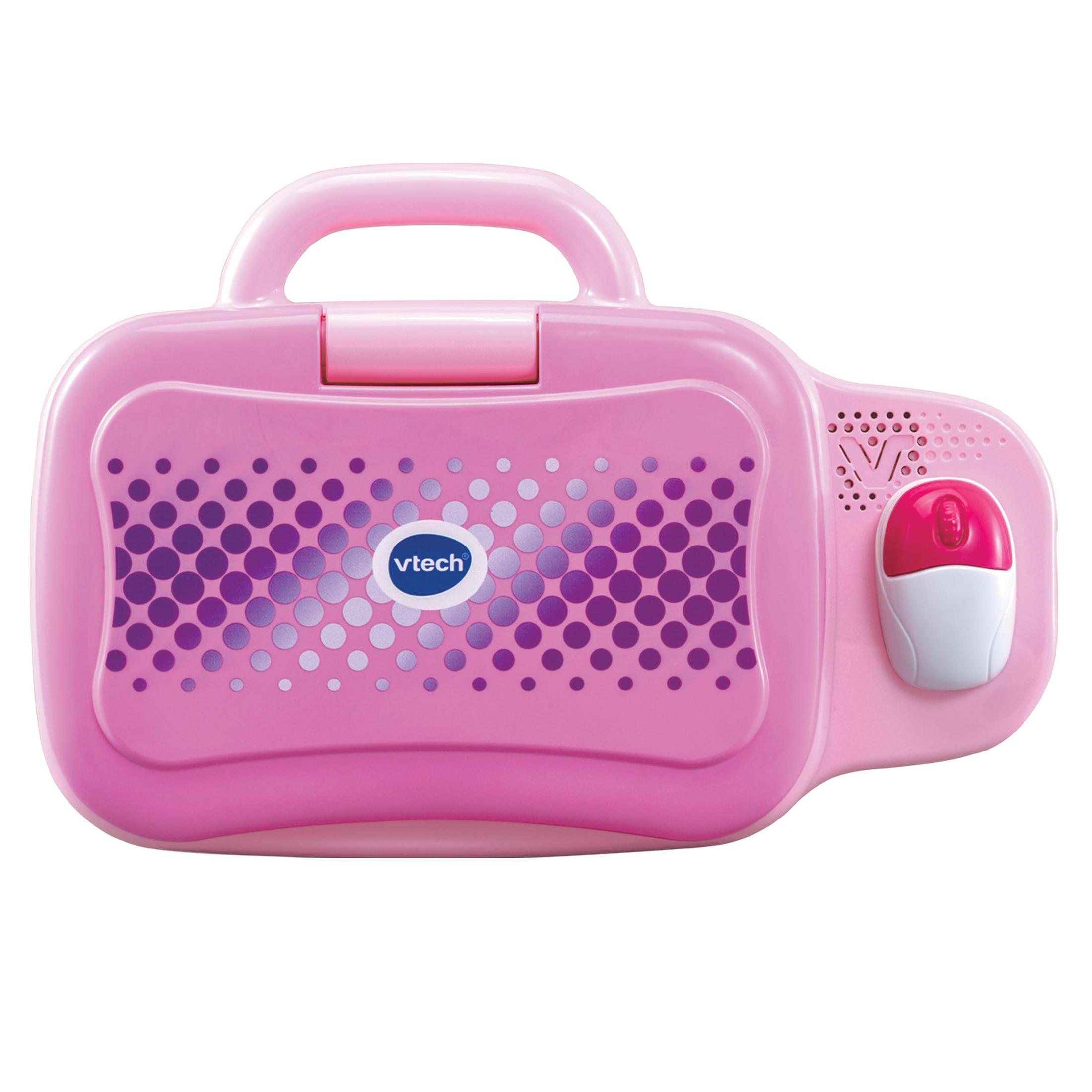 Rosa VTech Laptop-Spielzeug mit Griff, lila Tupfen-Design und einer weißen Maus.