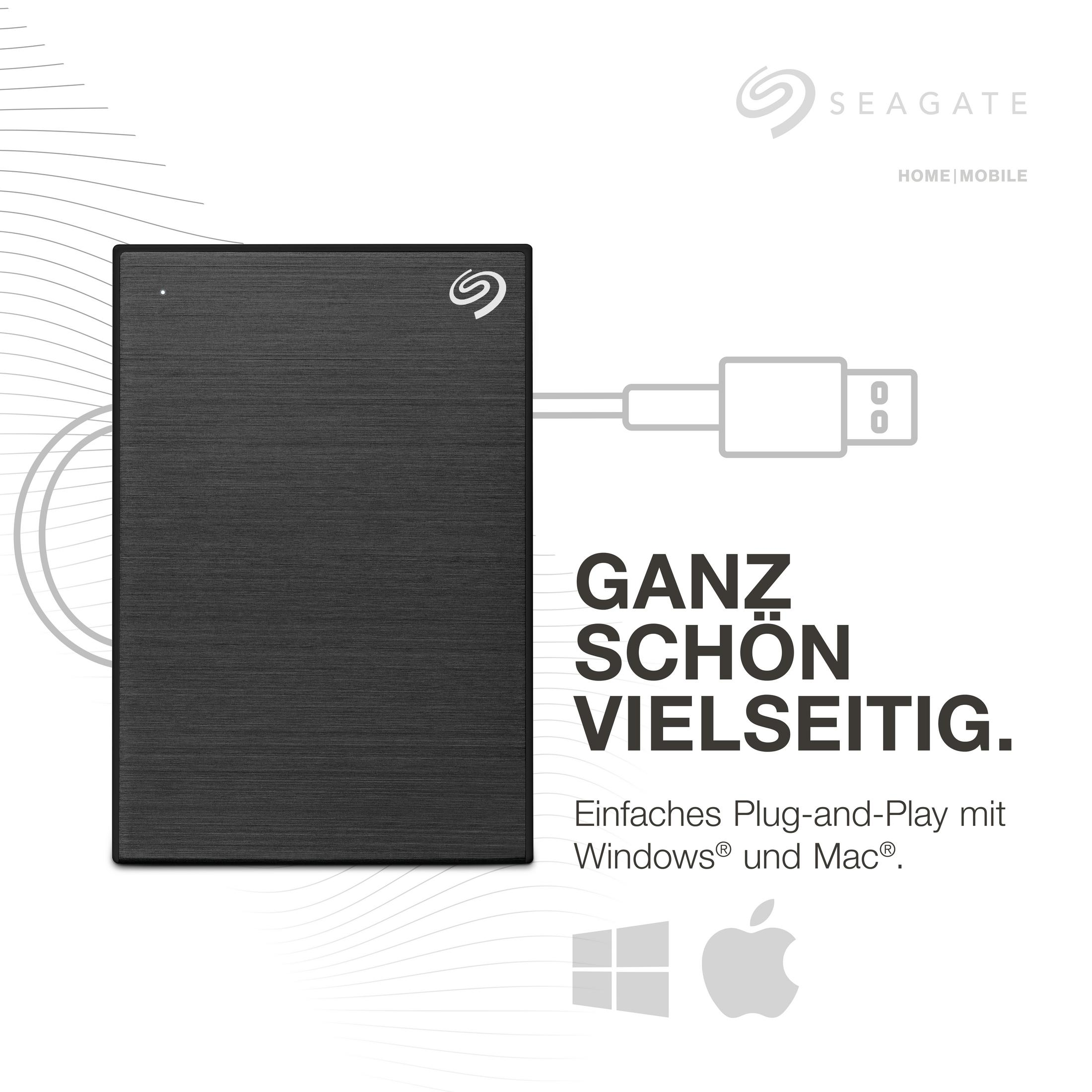 Zewnętrzny dysk twardy Seagate, czarny, kabel i tekst w języku niemieckim: "Ganz schön vielseitig."