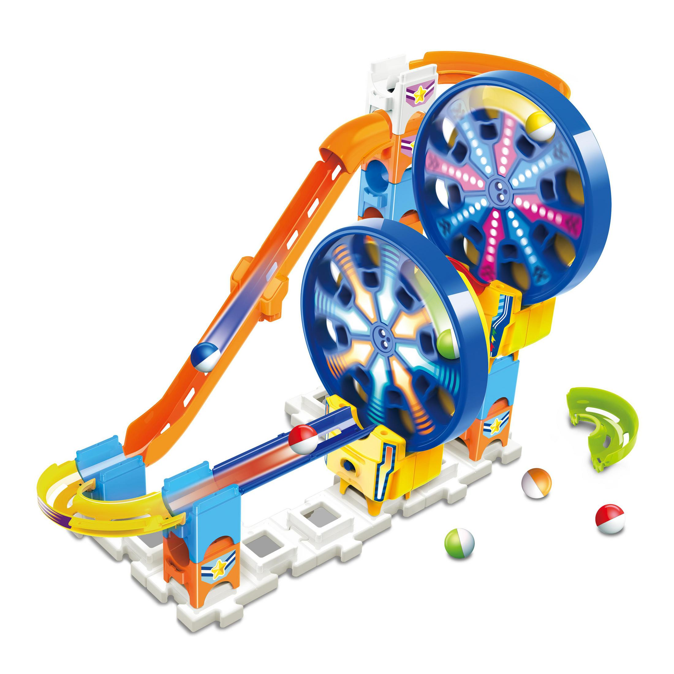 Ein buntes Spielzeug mit sich drehenden Rädern, Rampen und Murmeln.