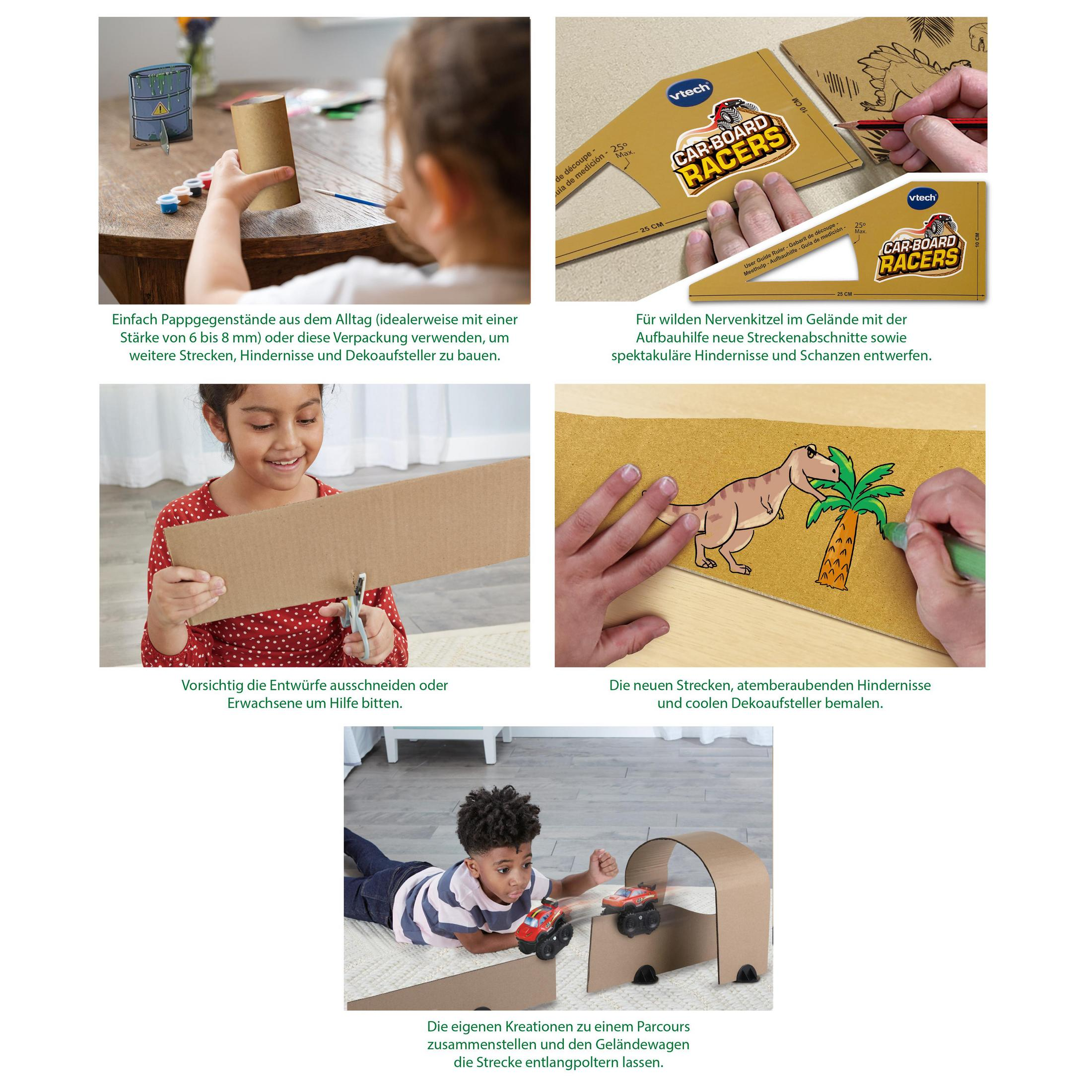 Eine Reihe von Fotos, die Kinder zeigen, die Bastelarbeiten zum Thema Auto auf Pappe erstellen.