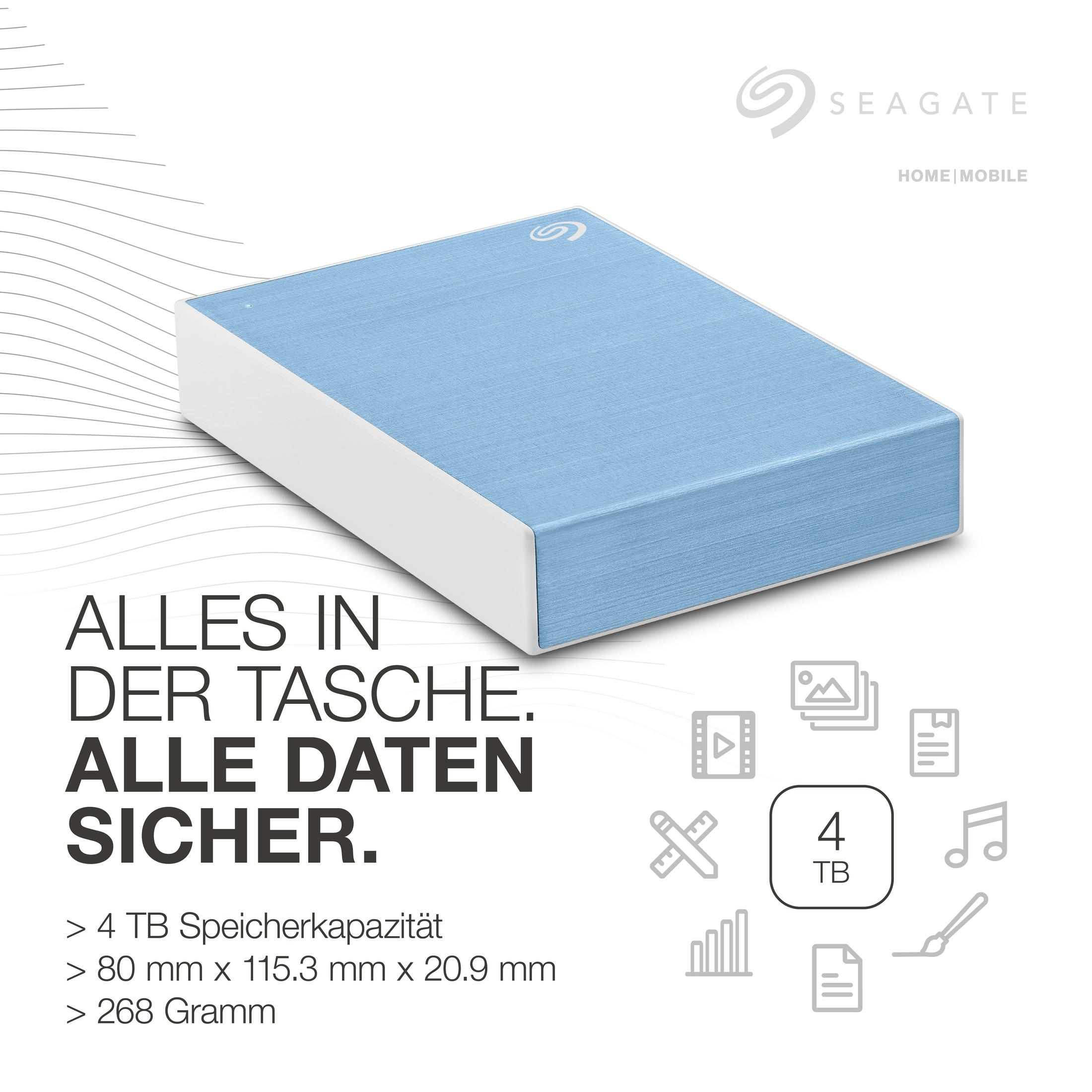 Eine blaue und weiße externe Festplatte von Seagate mit Informationen zur Speicherkapazität.