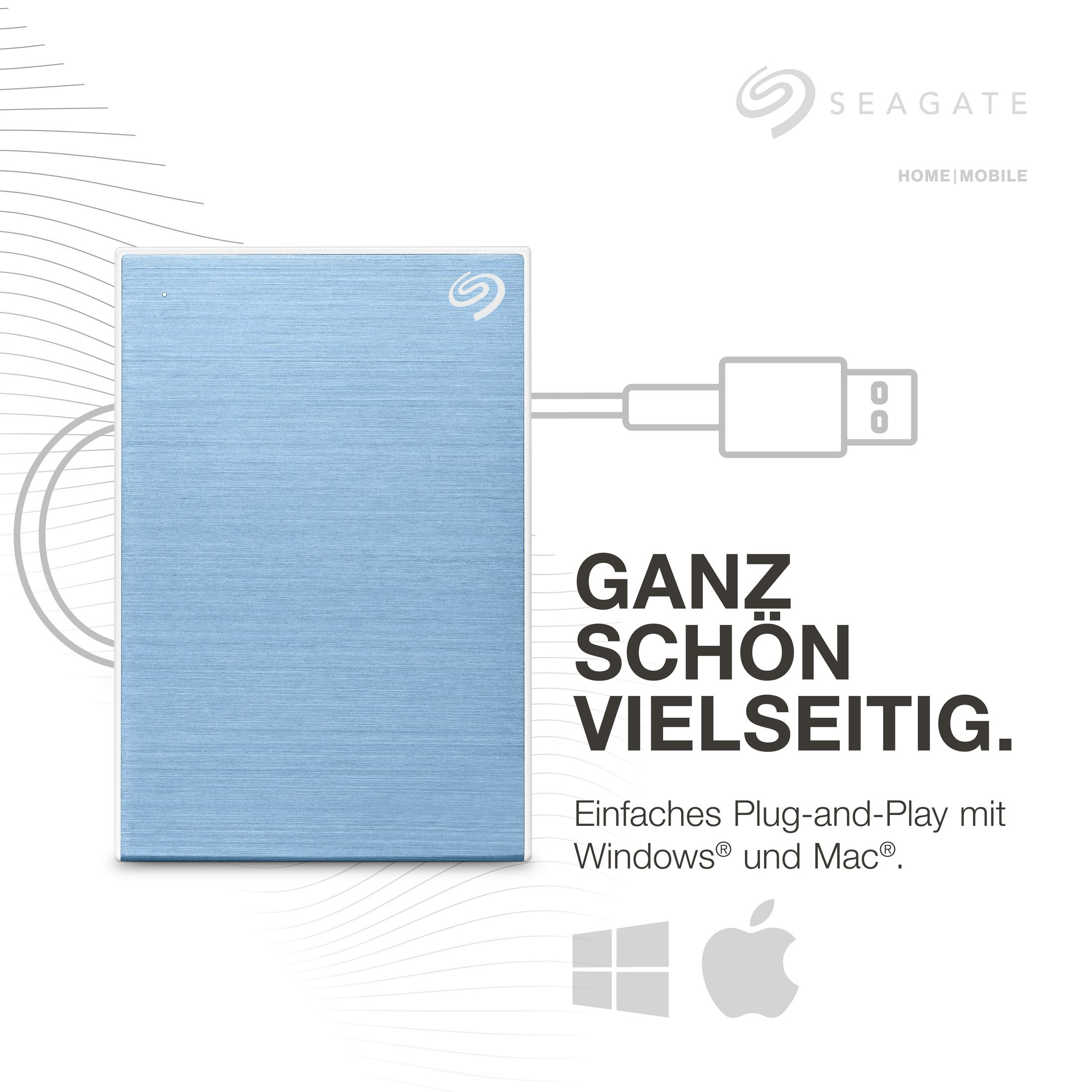 Blaue externe Festplatte mit Kabel und weißem Hintergrund, Marke Seagate.