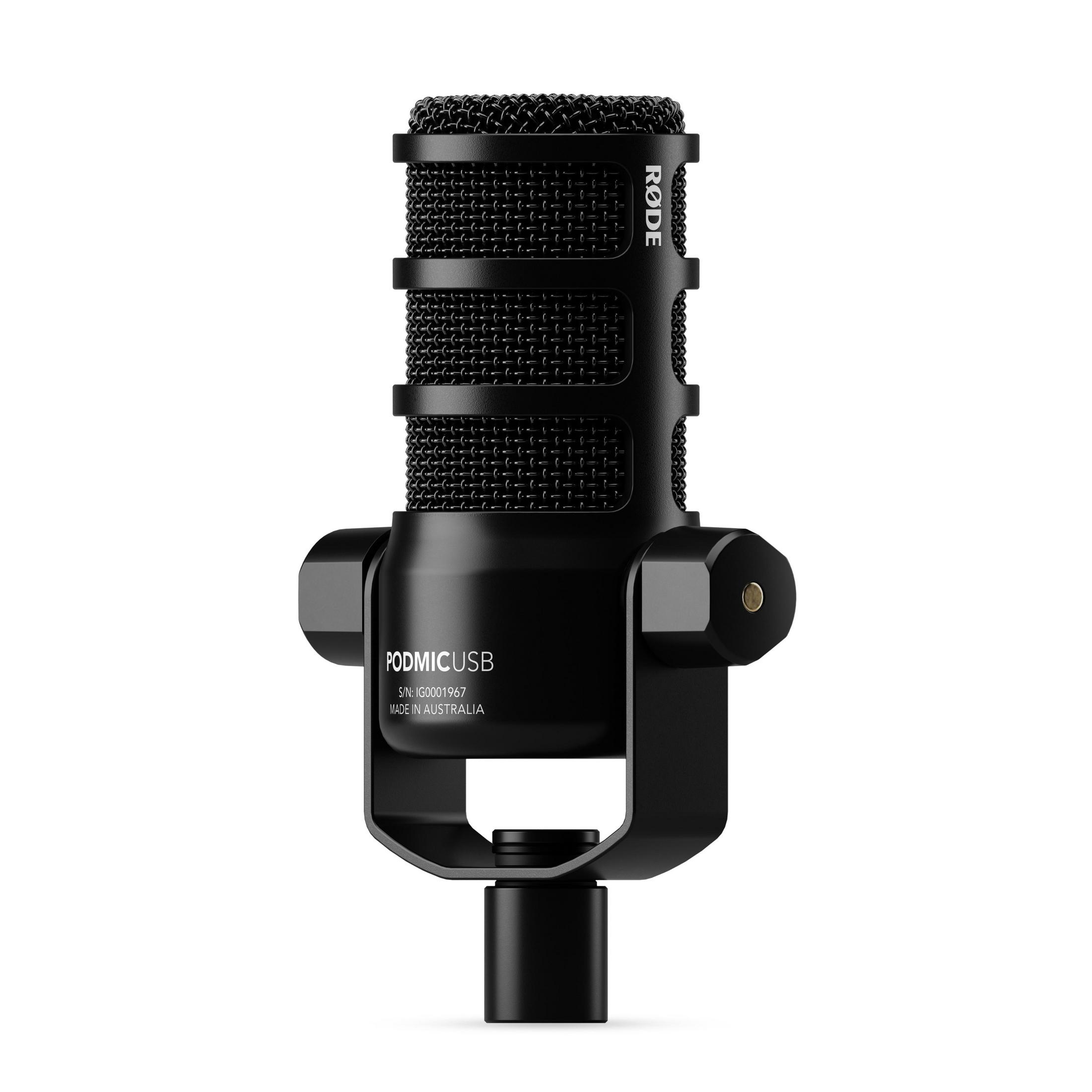 Ein schwarzes Rode PodMic USB-Mikrofon mit schwarzem Ständer auf weißem Hintergrund.