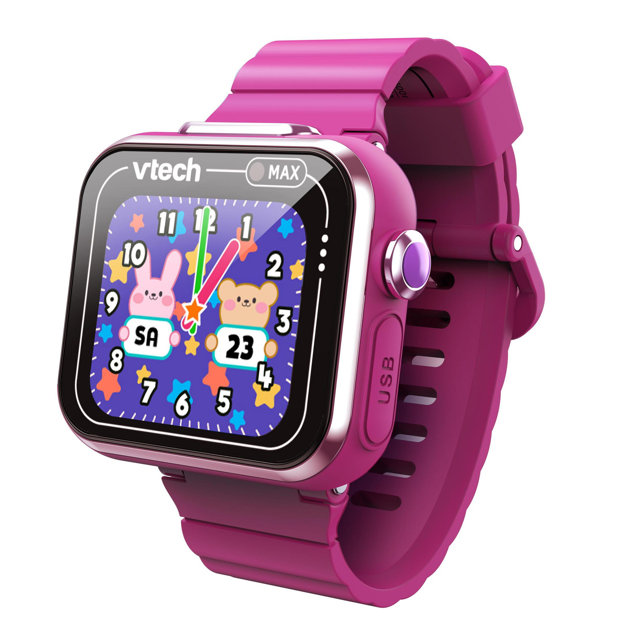 Smartwatch Vtech rosa con quadrante a cartoni animati e porta USB.