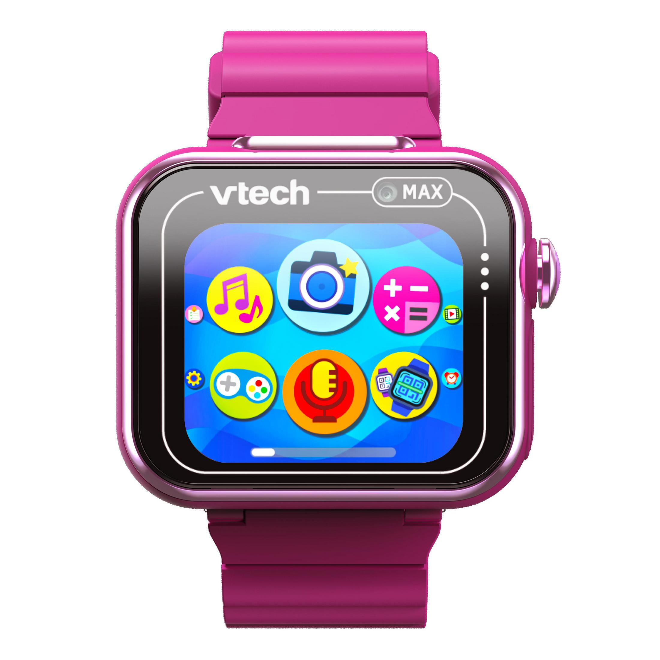 Uno smartwatch per bambini Vtech rosa con icone di app sullo schermo.