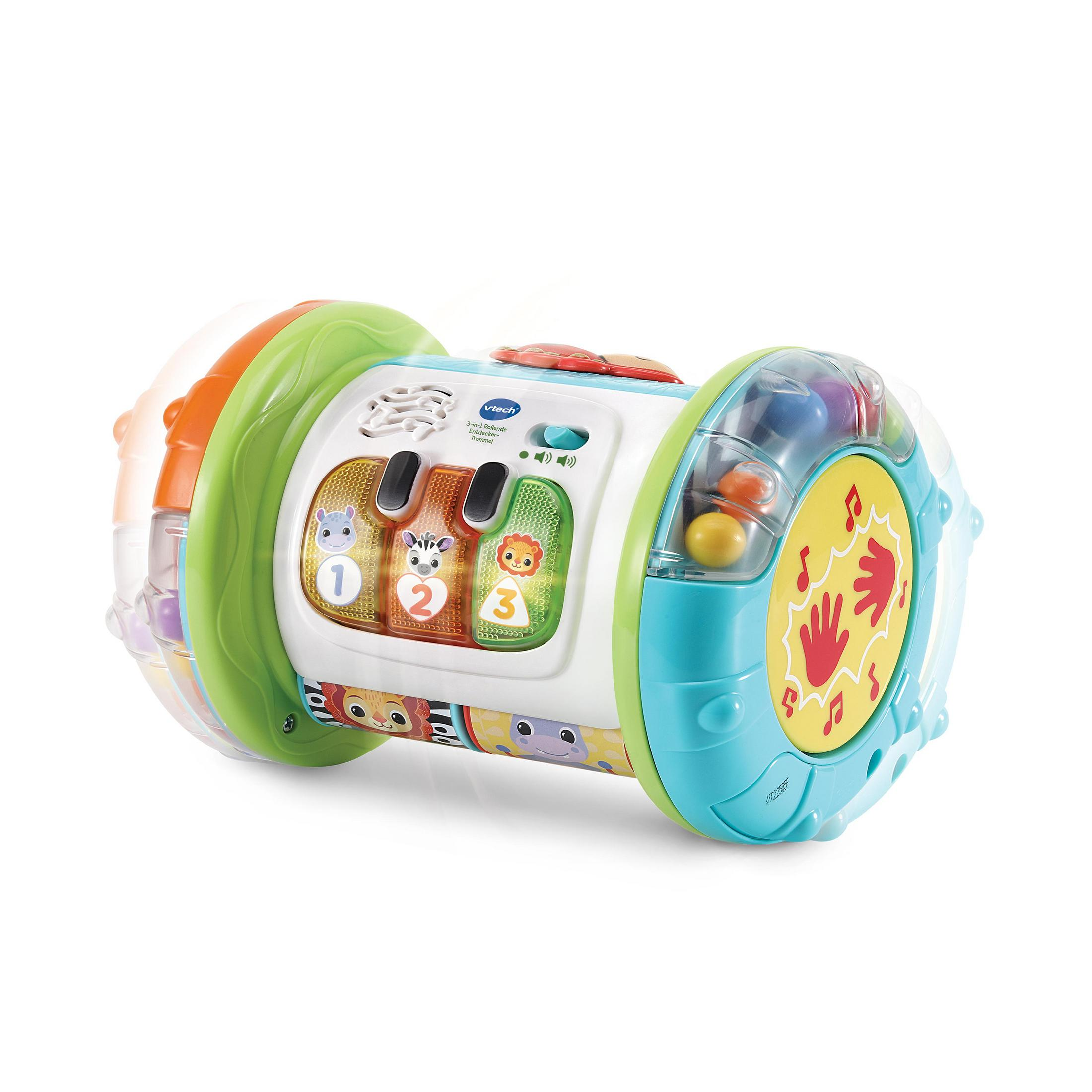 Spielzeugtrommel mit Knöpfen, Noten und bunten Reifen, auf Weiß.