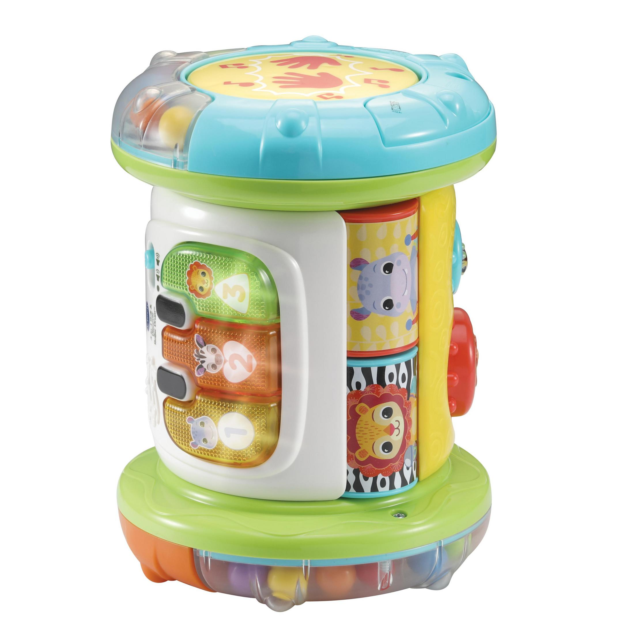 Eine farbenfrohe, interaktive Spielzeugtrommel mit Lichtern und Tiergrafiken.