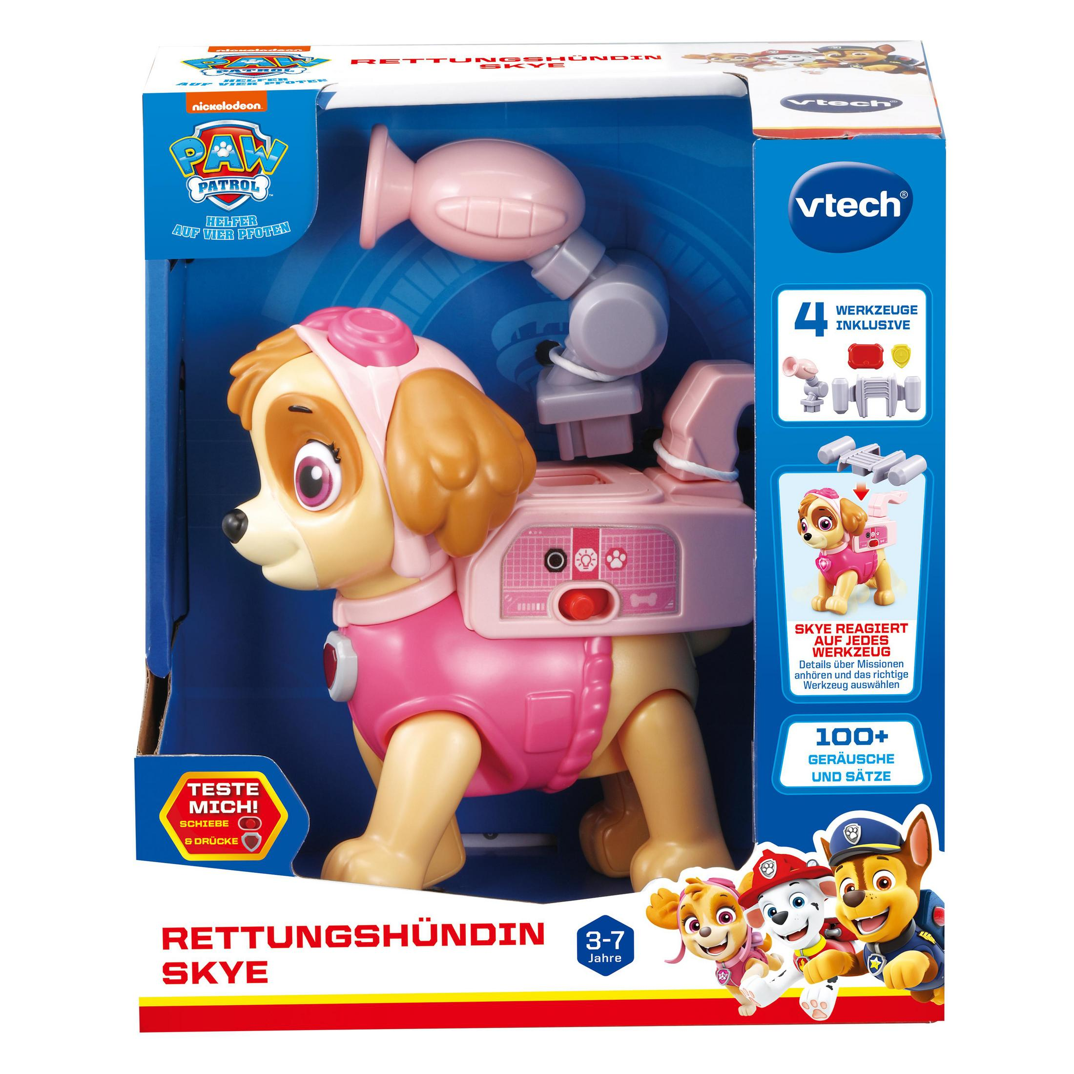 Spielzeug von Skye von Paw Patrol in der Box, rosa Outfit.