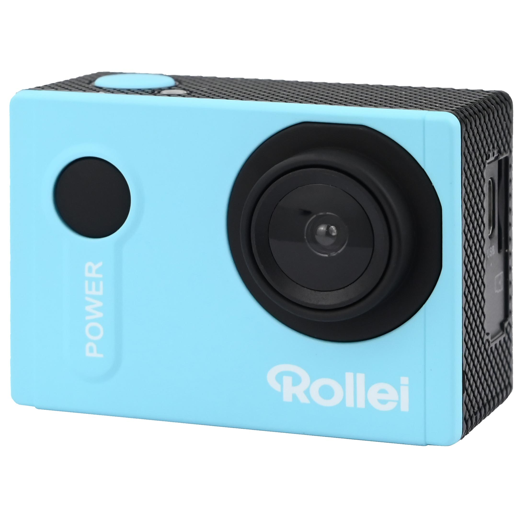 Eine blaue Action-Kamera mit schwarzem Objektiv und dem Wort 'Rollei'.