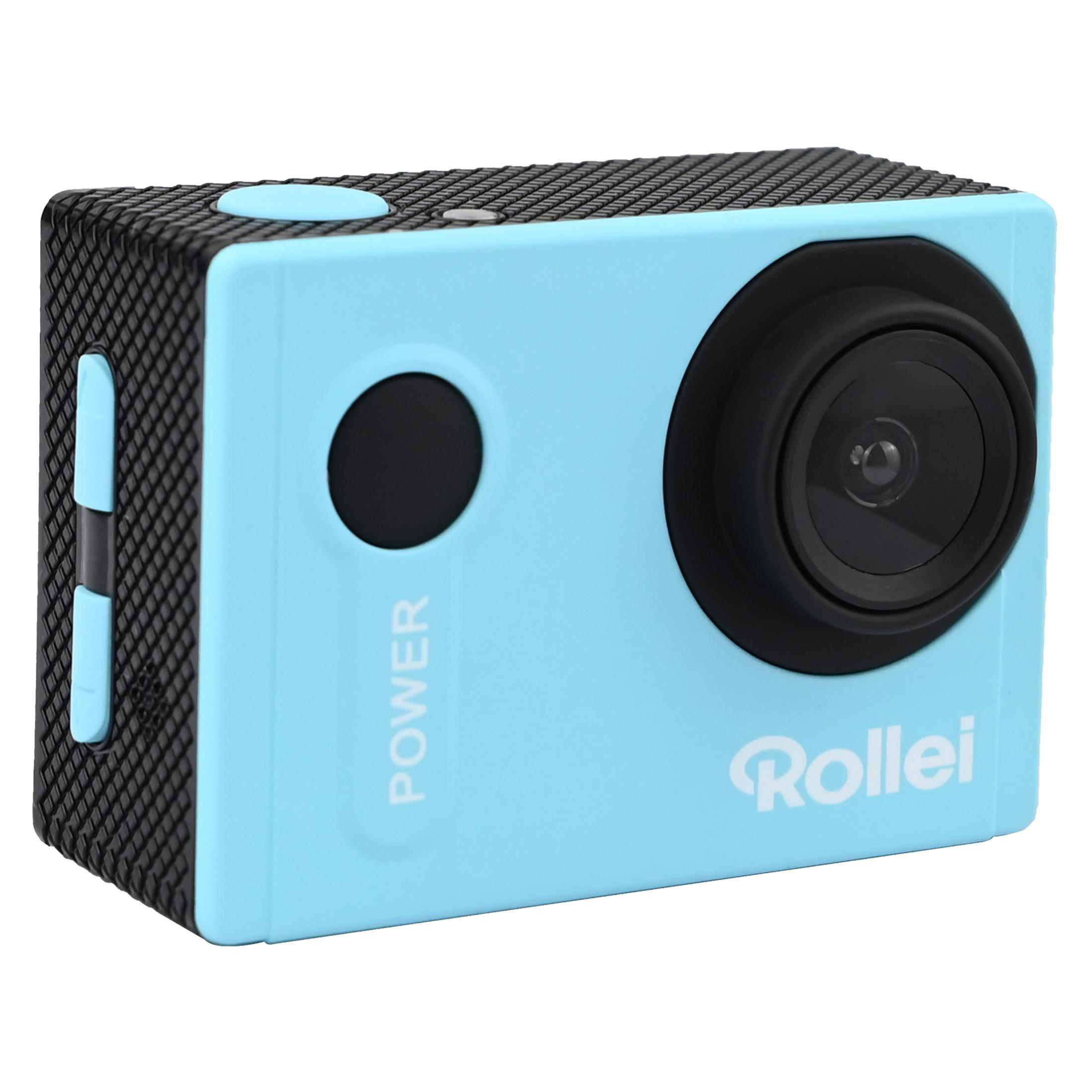 Hellblaue Action-Kamera mit schwarzen Akzenten, Objektiv und einem Knopf. Das Wort 'Rollei' ist aufgedruckt.