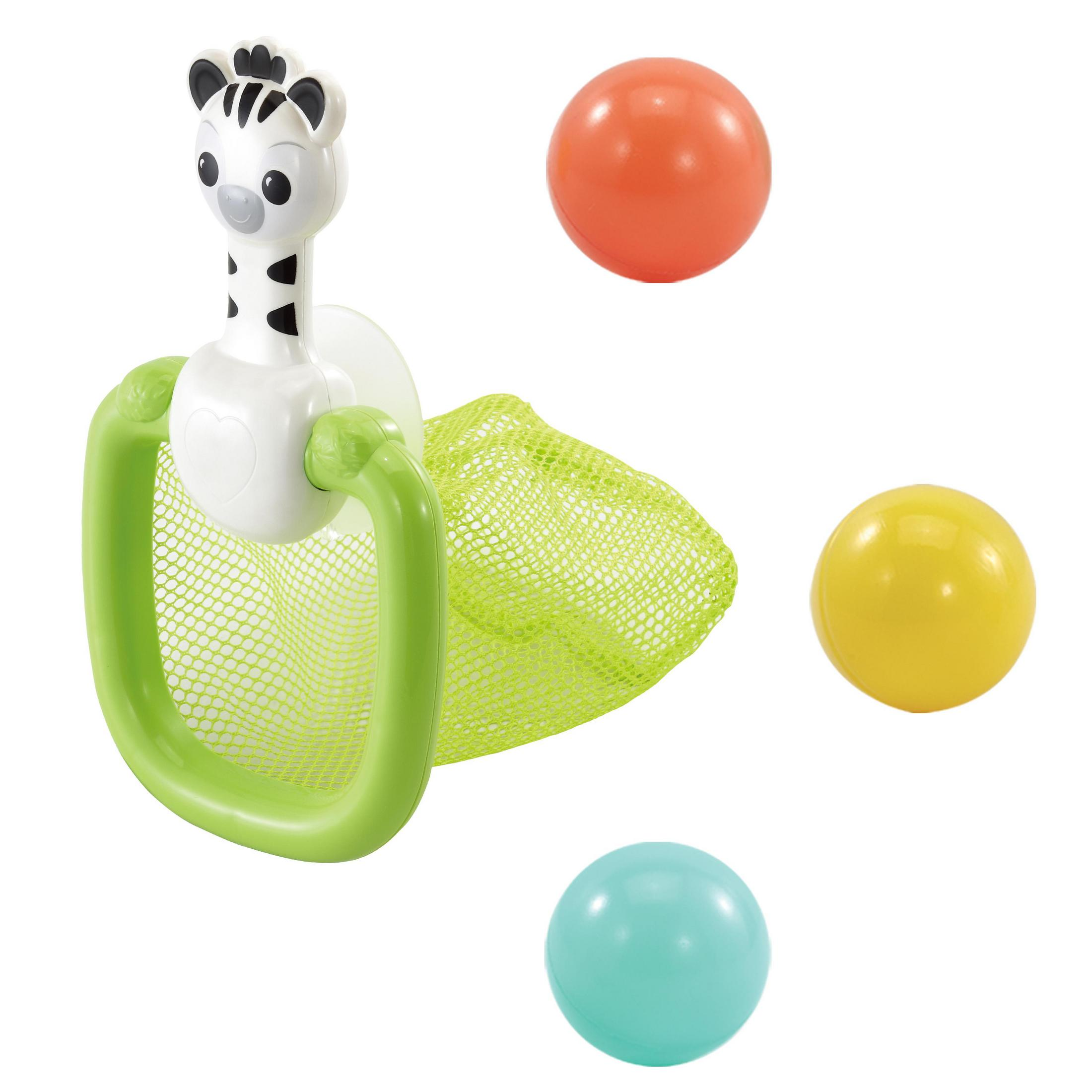 Ein Zebra-Spielzeug mit grünem Netz und drei bunten Bällen. Weißer Hintergrund.