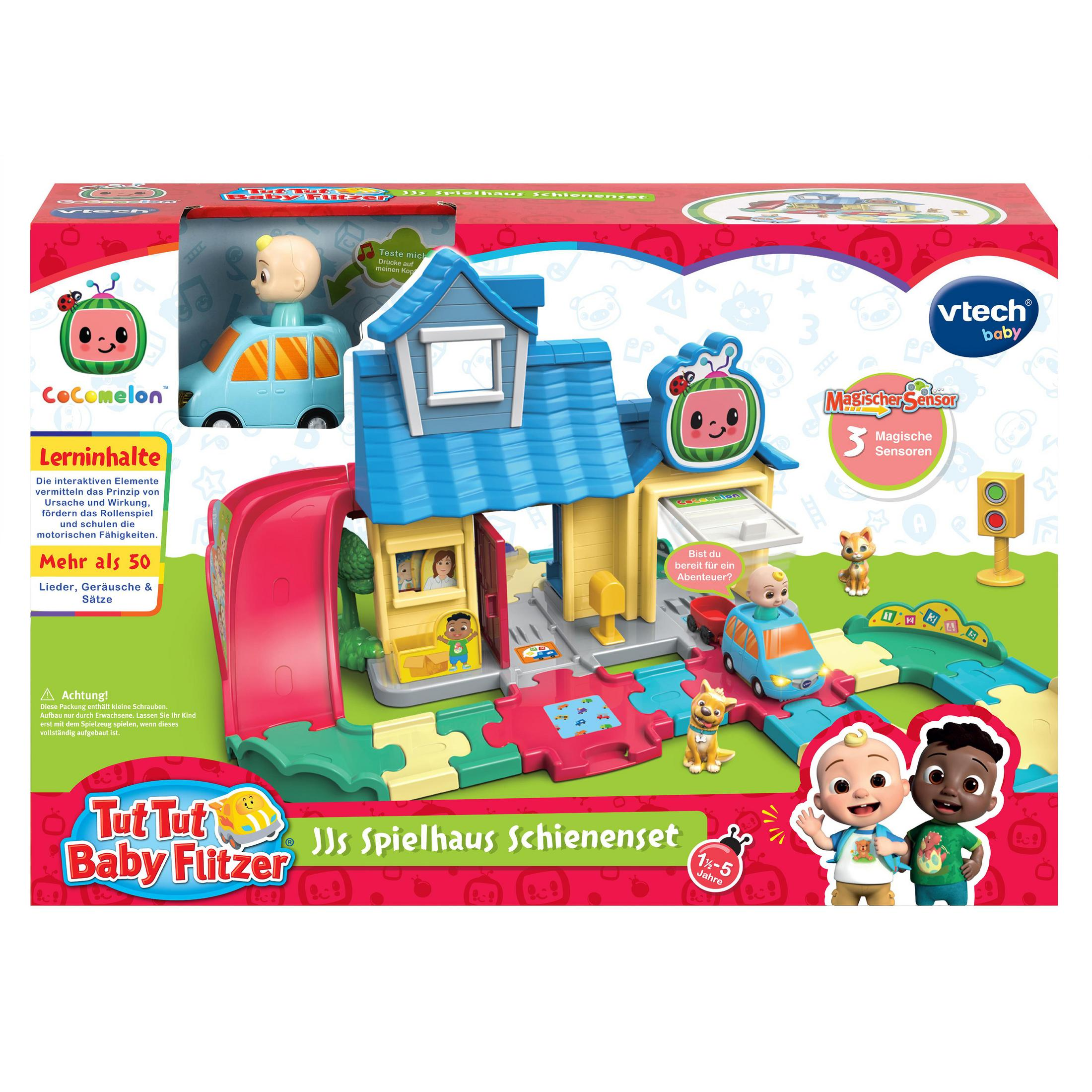 Ein farbenfrohes VTech Baby Spielhaus-Set. Es enthält ein Haus, ein Auto, Figuren und eine Strecke. Die Box ist zu sehen.