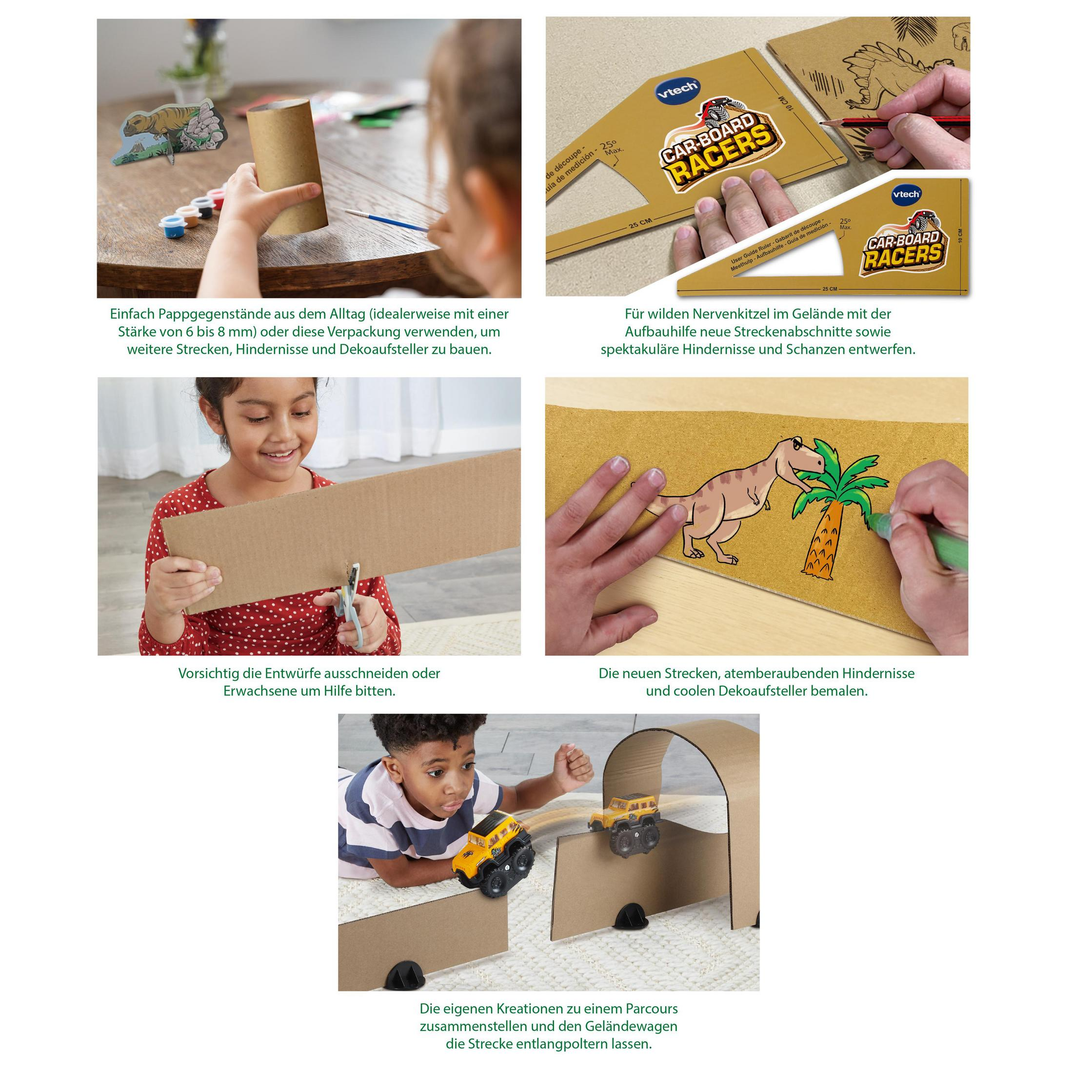 Bilder, die Kinder beim Basteln von Pappe-Rennstrecken und Spielen mit Spielzeugautos zeigen.