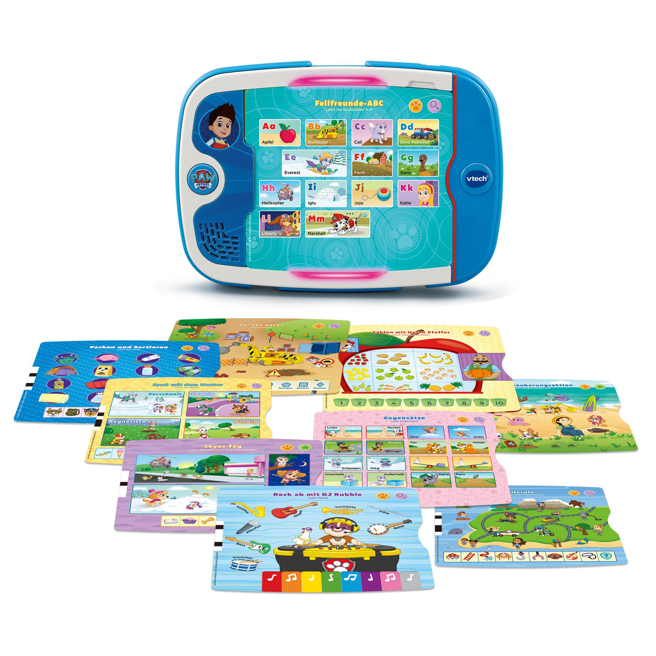 Blaues und weißes Lernspielzeug-Tablet mit bunten Karteikarten und einem Paw Patrol-Charakter.