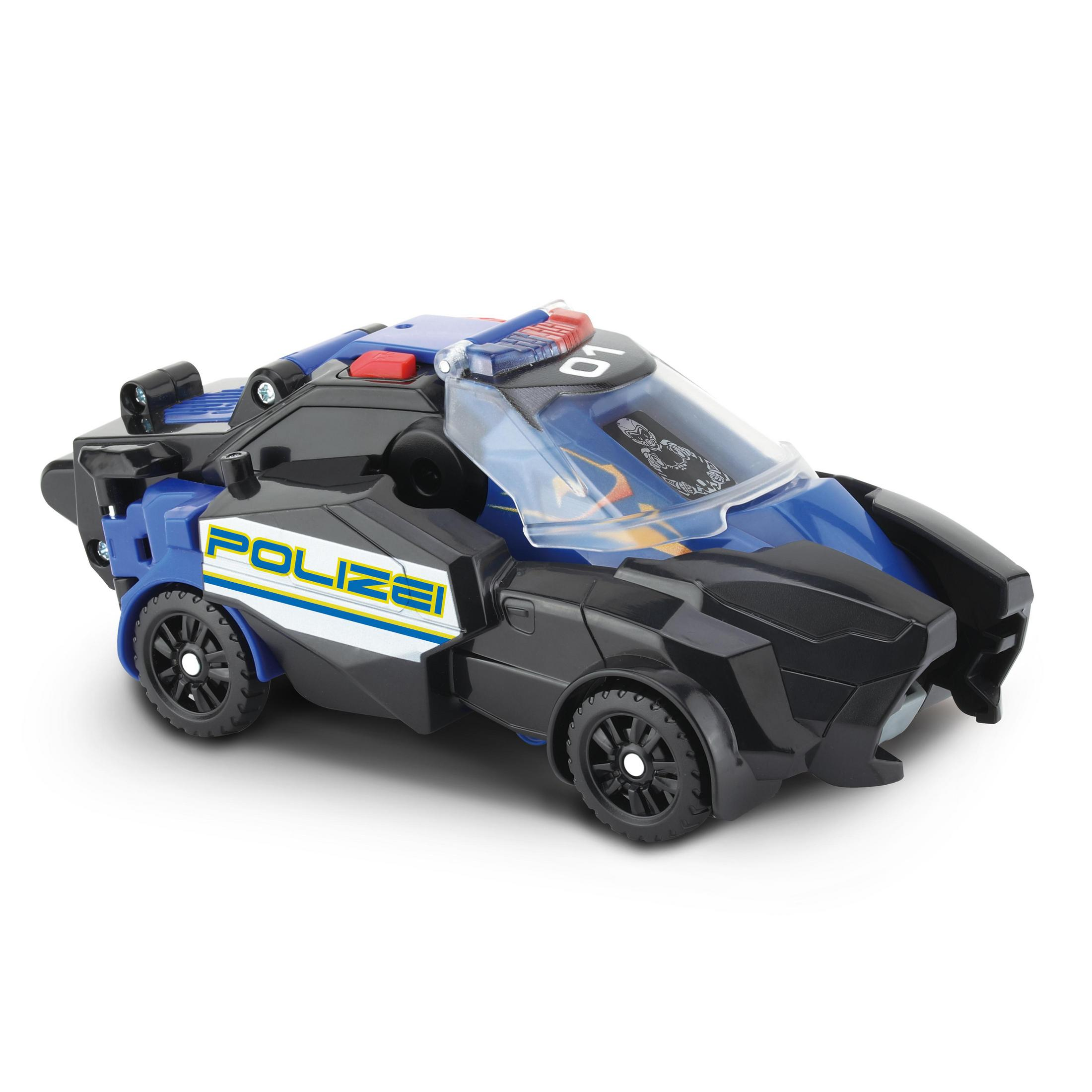 Ein schwarz-blaues Spielzeug-Polizeiauto mit klarer Windschutzscheibe und dem Wort POLIZEI darauf.