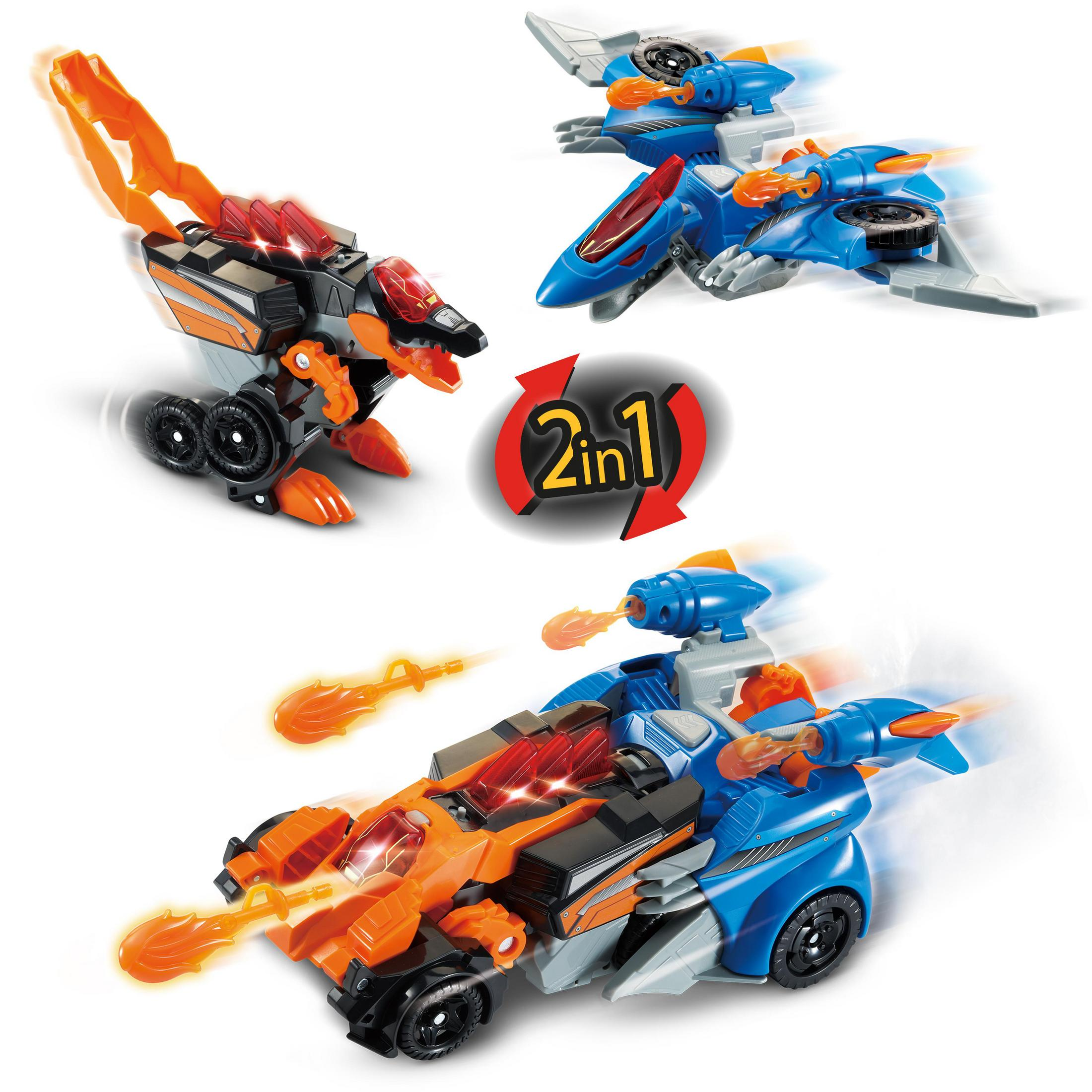 Sich verwandelnde Spielzeugfahrzeuge. Ein Dinosaurier verwandelt sich in ein Fahrzeug und ein anderes in ein Flugzeug.