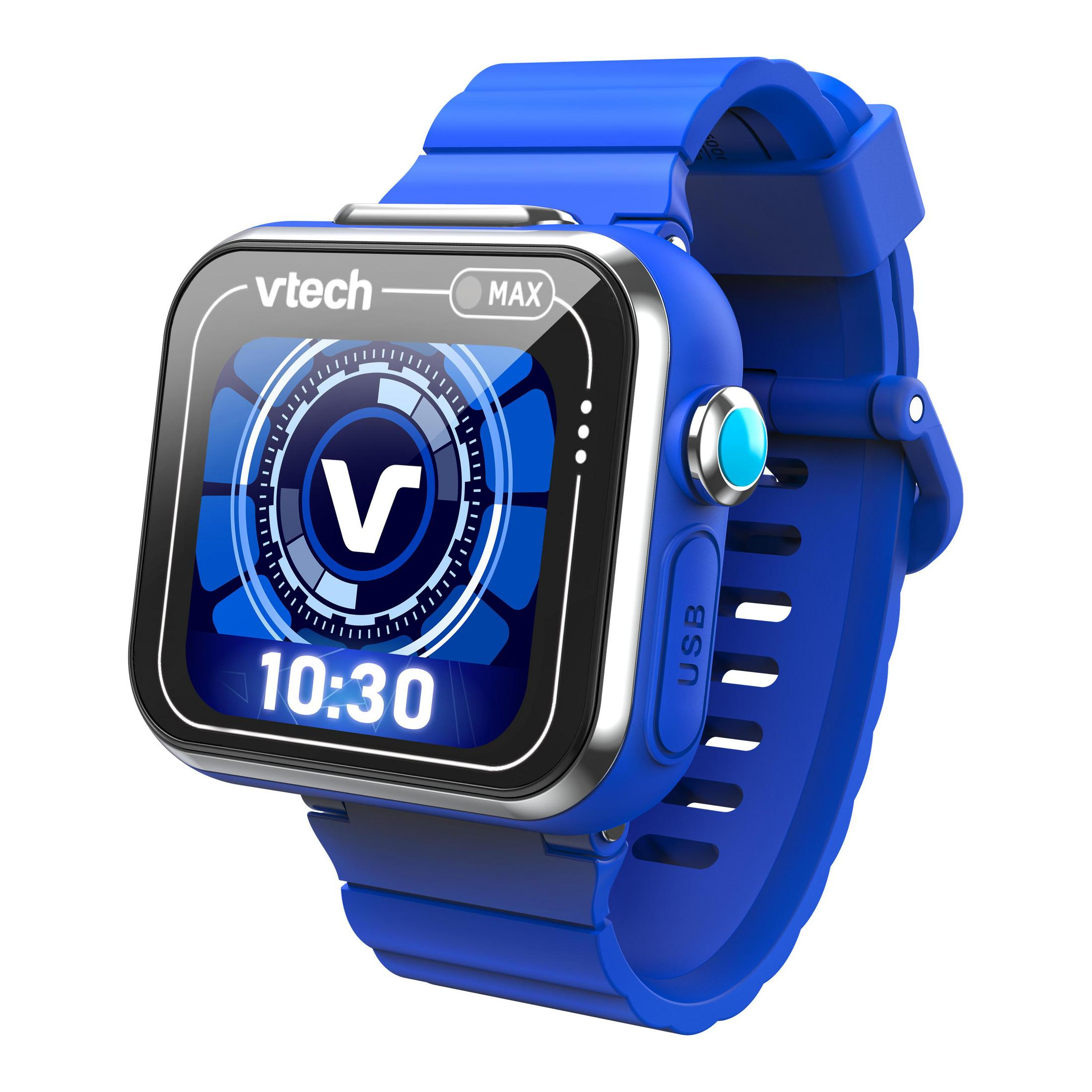 Uno smartwatch VTech blu con display digitale che mostra l'ora 10:30.