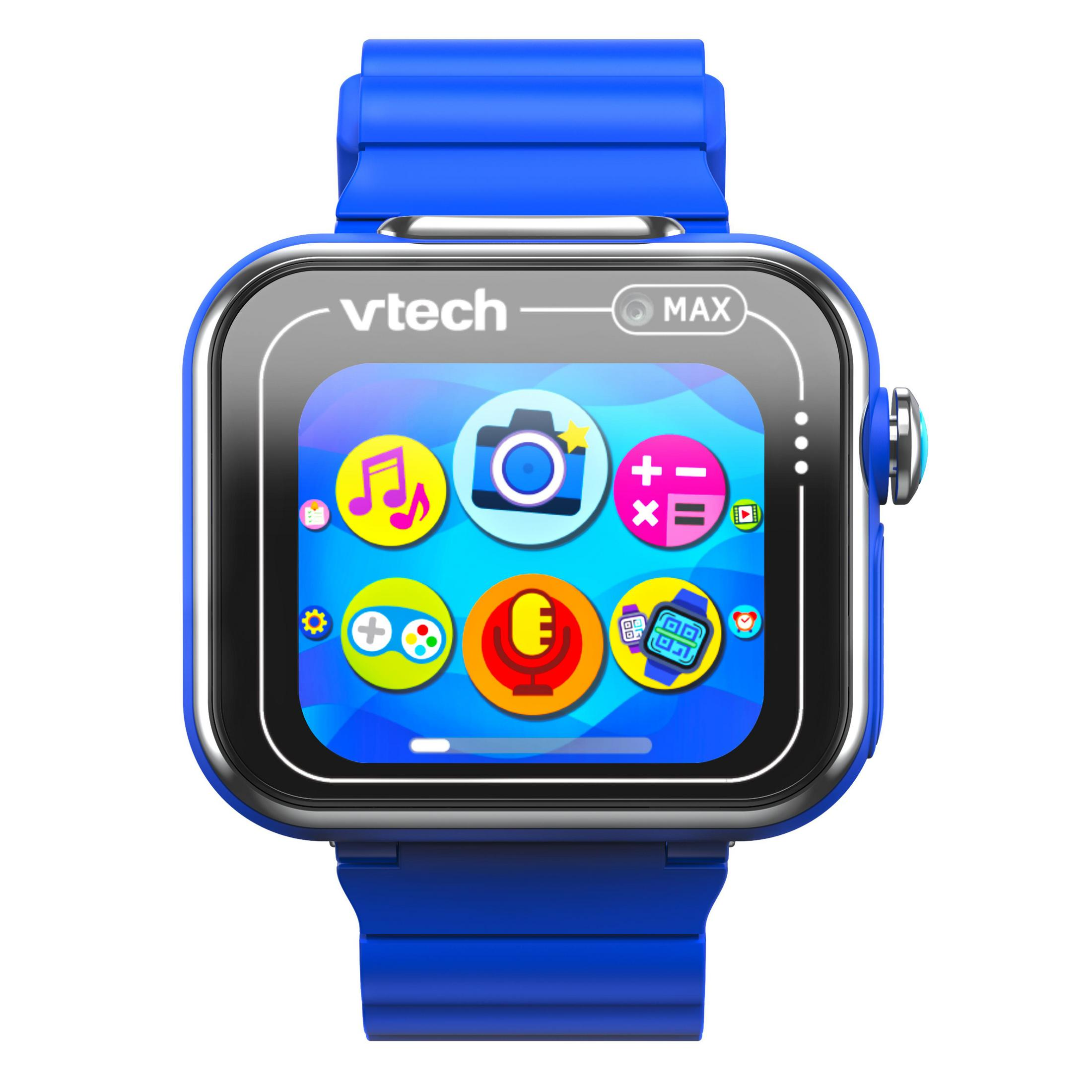 Smartwatch Vtech blu con icone app: musica, fotocamera, calcolatrice, giochi, microfono.