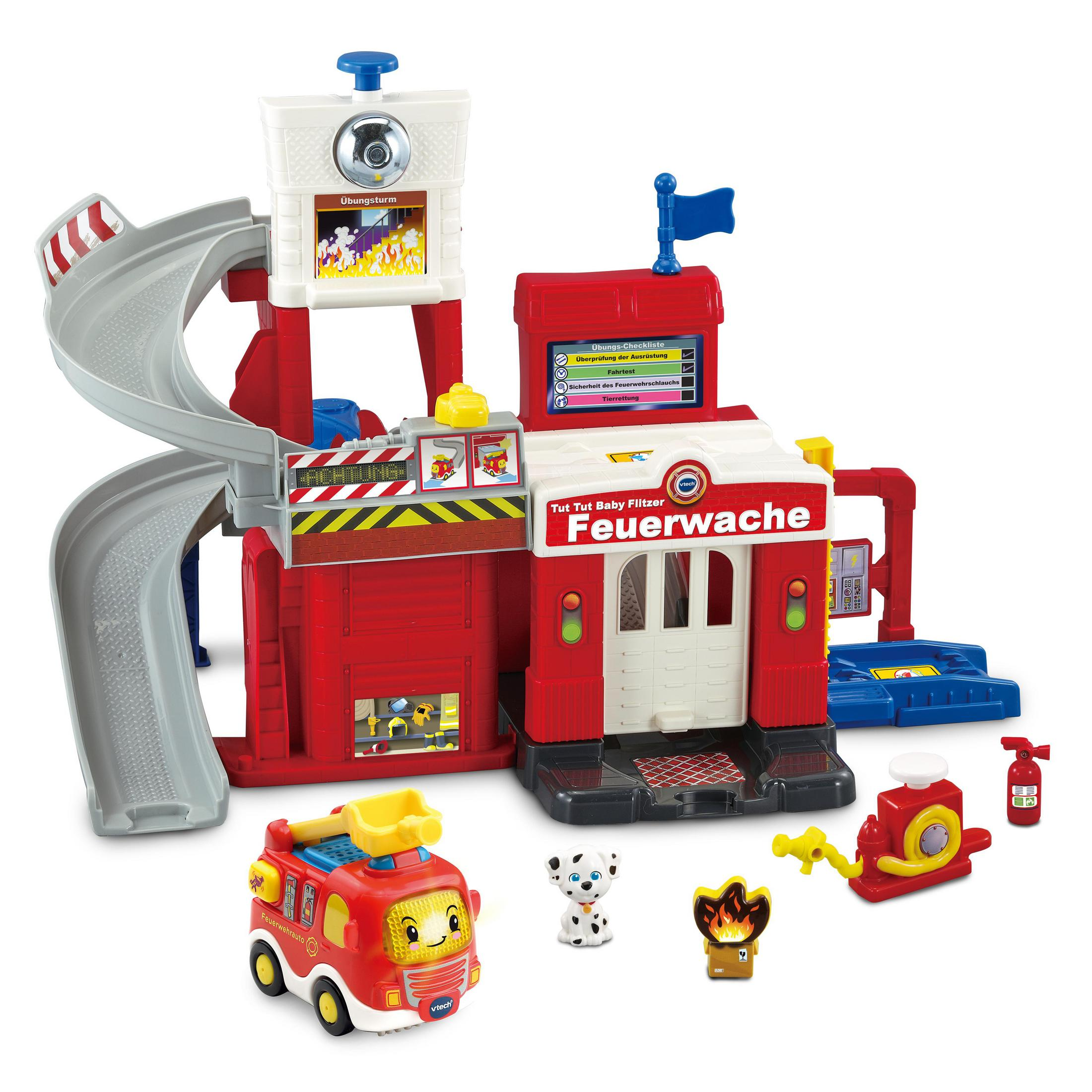 Eine rote Spielzeugfeuerwache mit Rutsche, Feuerwehrauto und Zubehör.