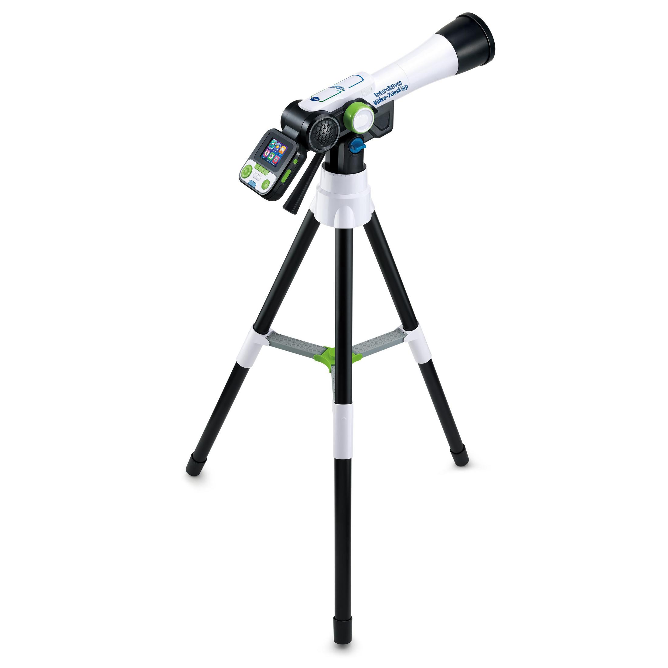 Telescopio bianco e nero su un treppiede. Ha uno schermo e dei pulsanti. Lo sfondo è bianco.